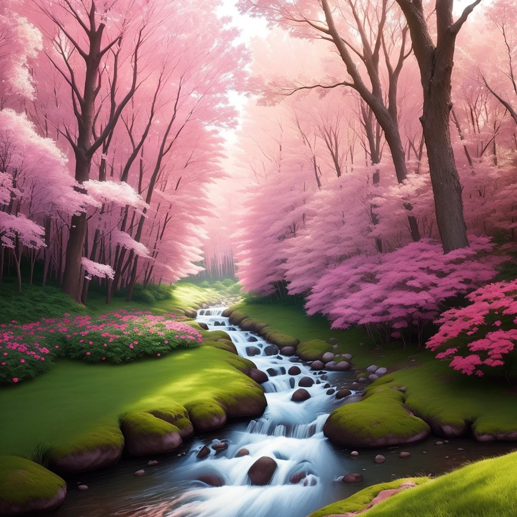 Images colorful forest various colors pink color pink with flower river butterflies real photo 3d cinema 8k sun well lit vibrant colors shrubs rocks