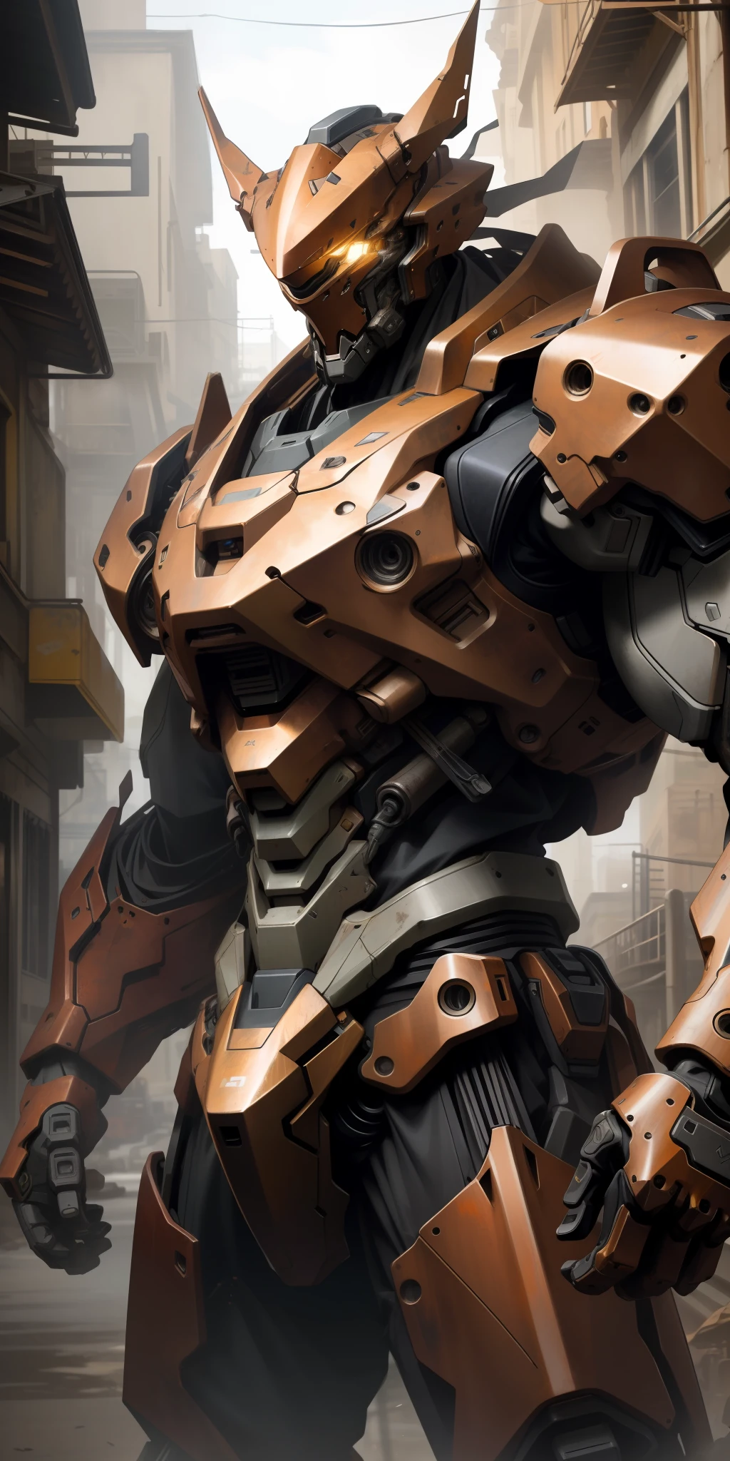 Portrait photo of an alpha male, perfect eyes, in a worn mecha suit, intricate, (steel metal [rust]), elegant, sharp focus, photo by greg rutkowski, soft lighting, vibrant colors, masterpiece, ((streets)), cowboy shot, dynamic pose,