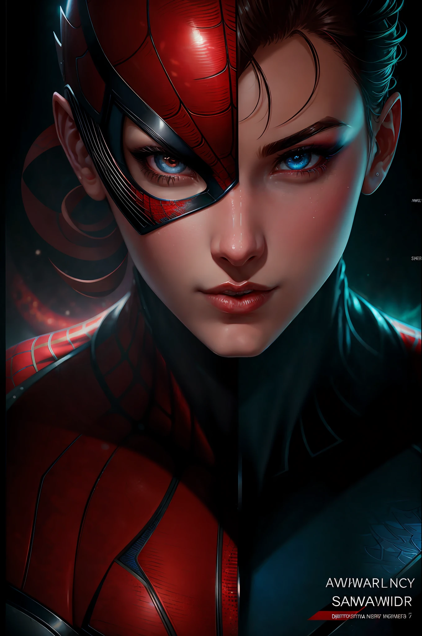 (Award Winning Digital Artwork:1.3) of (Sketch:1.3),(Energetic:1.3) Spidey, EmmaRob,CGSociety,ArtStation,(Saturated:1.3),(close portrait:1.3),(Feminine:1.4),(beautiful:1.4),(attractive:1.3),handsome,calendar pose,perfectly detailed eyes,studio lighting,thematic background