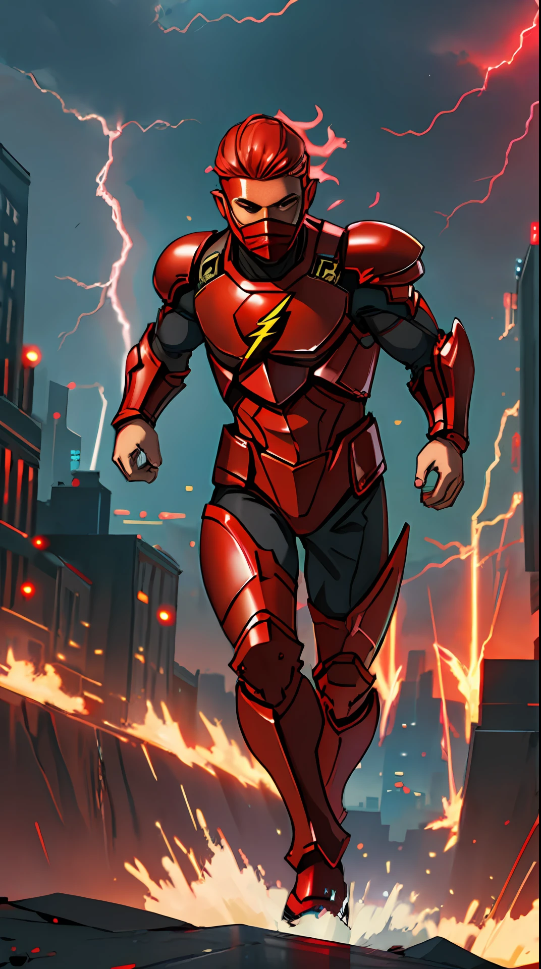 he flash , red armor, invoked mask, running, in the background a city, lightning in the sky, ultra details, ultra realistic, cinematic , octane render, 16k