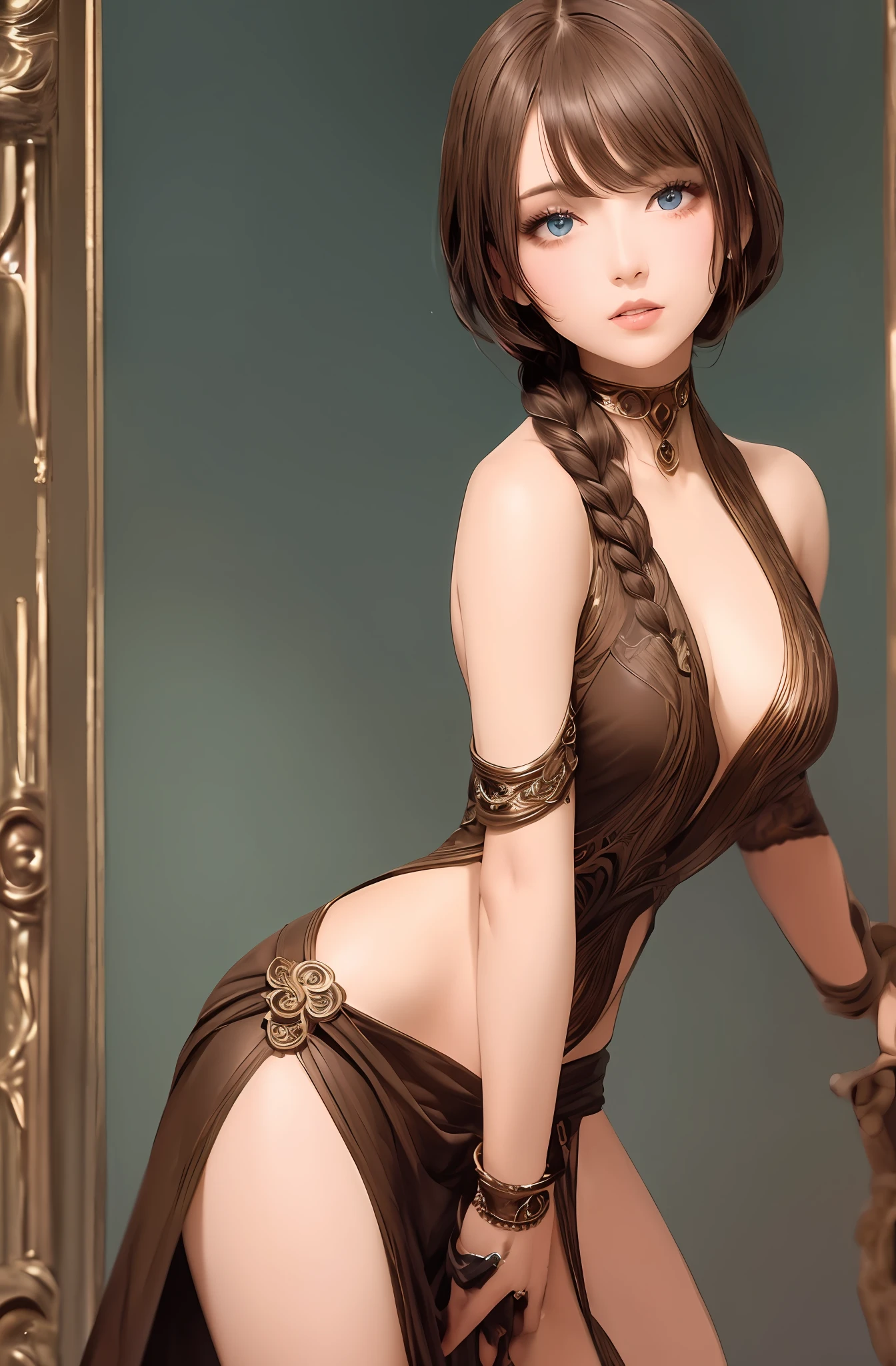 best quality, masterpiece, upper body,
woman,
braided bronze brown hair,
azure eyes,
1920s plunging neckline dress