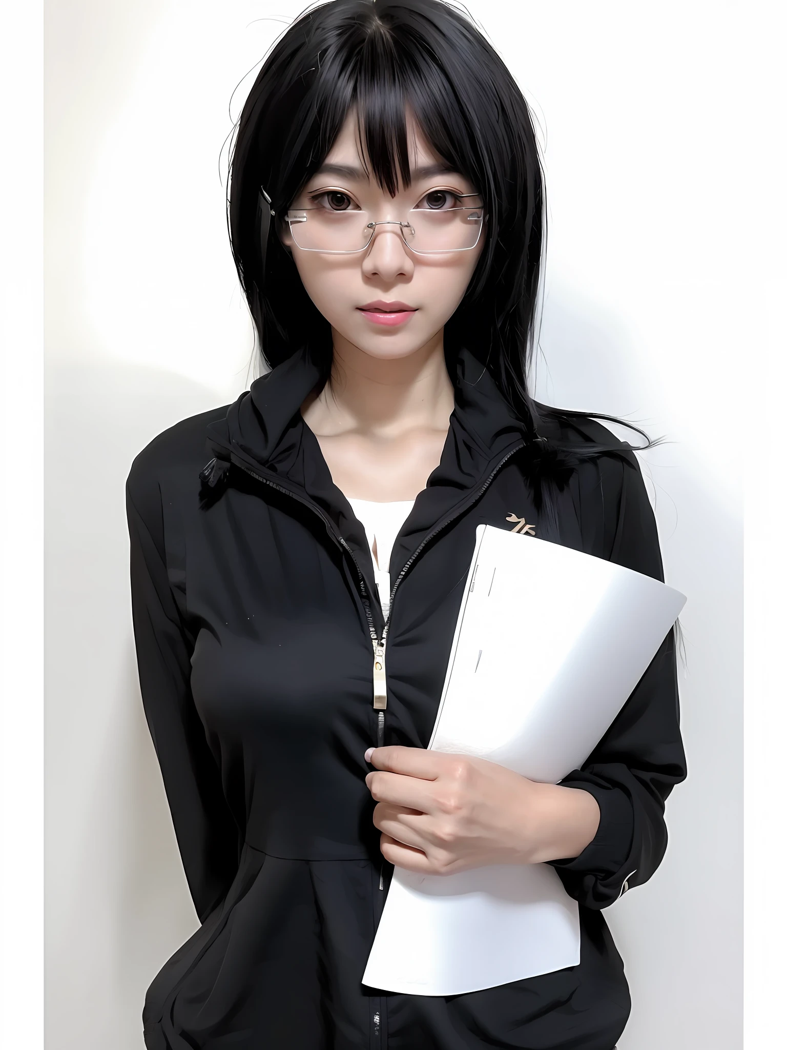 There is a woman with glasses holding a folder and a book, realistic cosplay with black glasses as an anime character wearing thin large round glasses, realistic young anime girl with glasses, kotegawa yui, without glasses, junko enoshima, semi-realistic anime, nerdy look