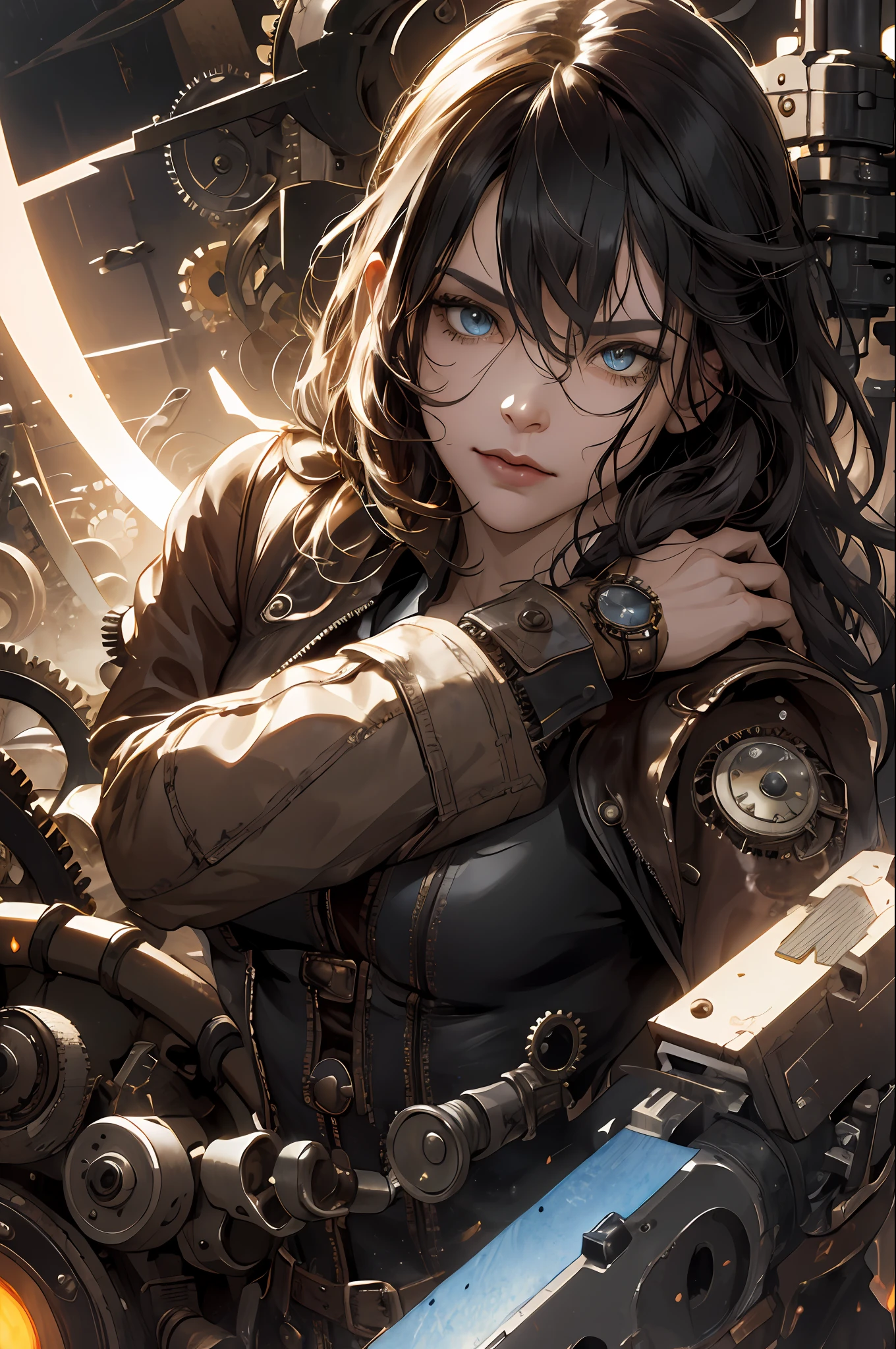 (absurdres, highres, ultra detailed), 1woman, mature female, aged up, wavy long hair, split-color hair, heterochromia, bangs, long sleeves, finely detailed eyes and detailed face, extremely detailed CG unity 8k wallpaper, intricate details, (style-rustmagic:0.8), (medieval cyborg:0.8), portrait, (bloody wounds:0.7), looking at viewer, solo, half shot, detailed background, (steampunk theme:1.1) determined expression, dark couds technomancer, floating lights, color leather vest with gears, techwear, jetpack, workshop in background, machines, gears, steam, industry, technology, furnace, grime, anvil, buttons, levers, automaton, electricity, electric sparks epic atmosphere,, portrait