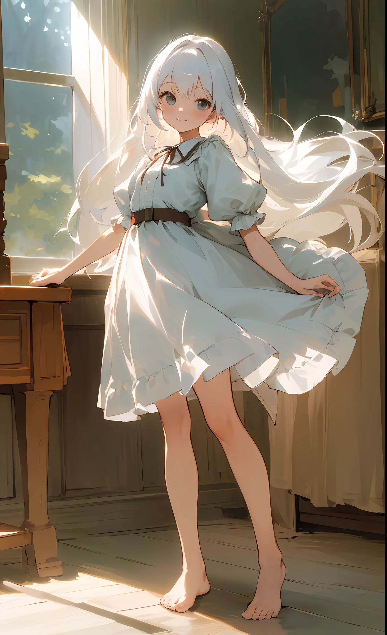 ((masterpiece,best quality)),1girl, solo, barefoot, knees up, dress, short sleeves, looking at viewer, bedroom,very long hair, smile,standing ,white hair, puffy sleeves,  puffy short sleeves, full body, white dress, sunlight, dappled sunlight day, leg belt,narrow waist, slim legs,ribbon