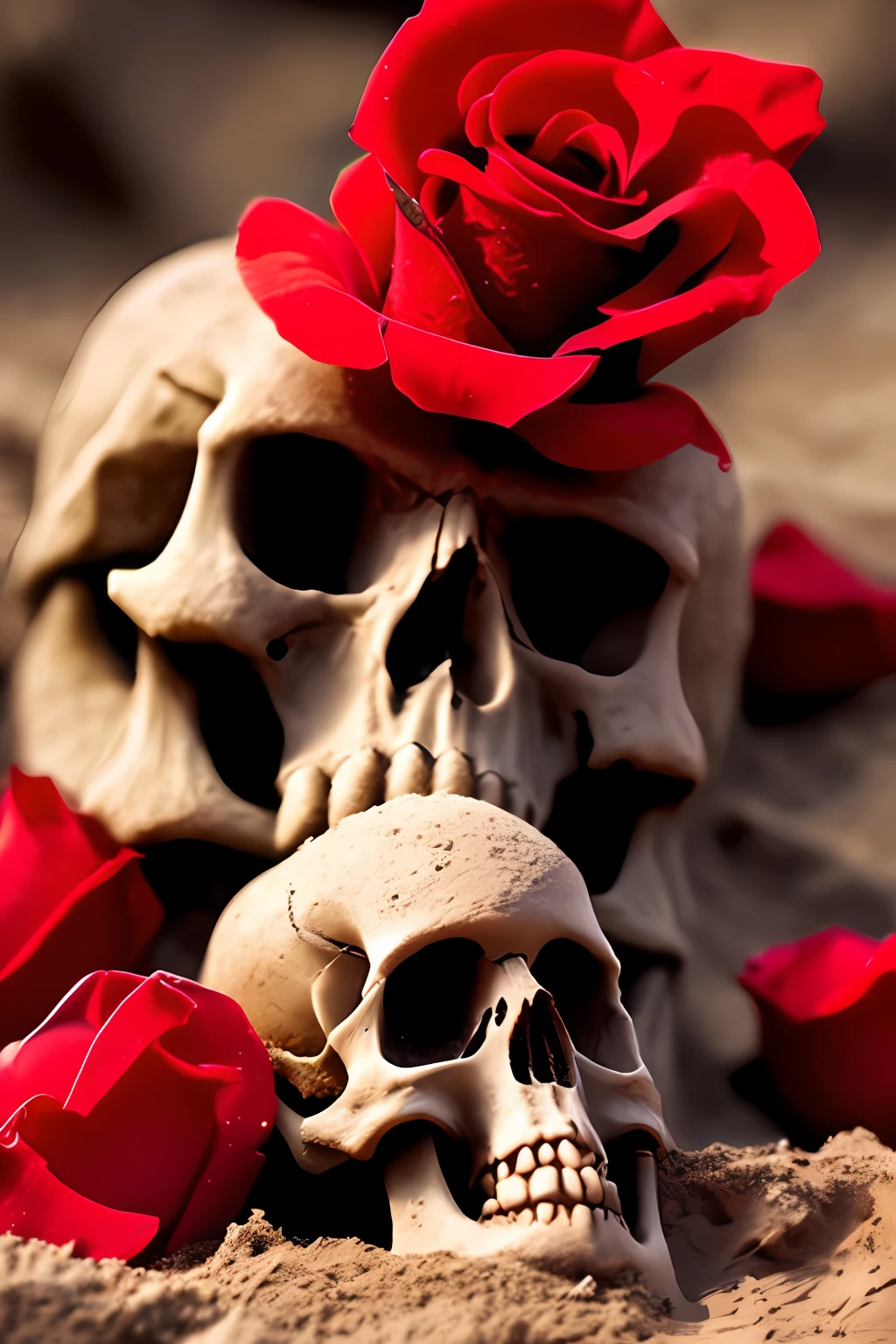 sandcastle, skull, ants, briars, red rose, realistic
