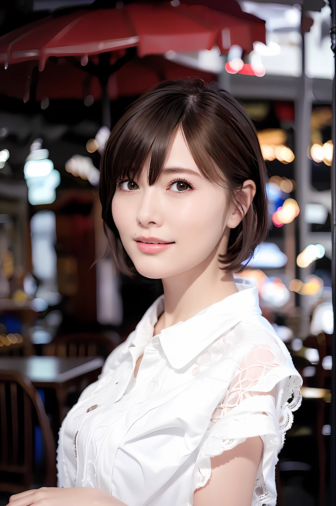(8k, Best Quality, Masterpiece: 1.2), (Realistic, Photorealistic: 1.37), Super Detailed, 1 Girl, Cute, Alone, Beautiful Detailed Sky, Detailed Cafe, Night, Sitting, Date, ( Nose blush), (smile: 1.15), (close mouth) small breasts, beautiful details, (collared shirt: 1.1), night, wet, business wear, rain, white lace, (short hair: 1.2), floating Hair NovaFrogStyle,