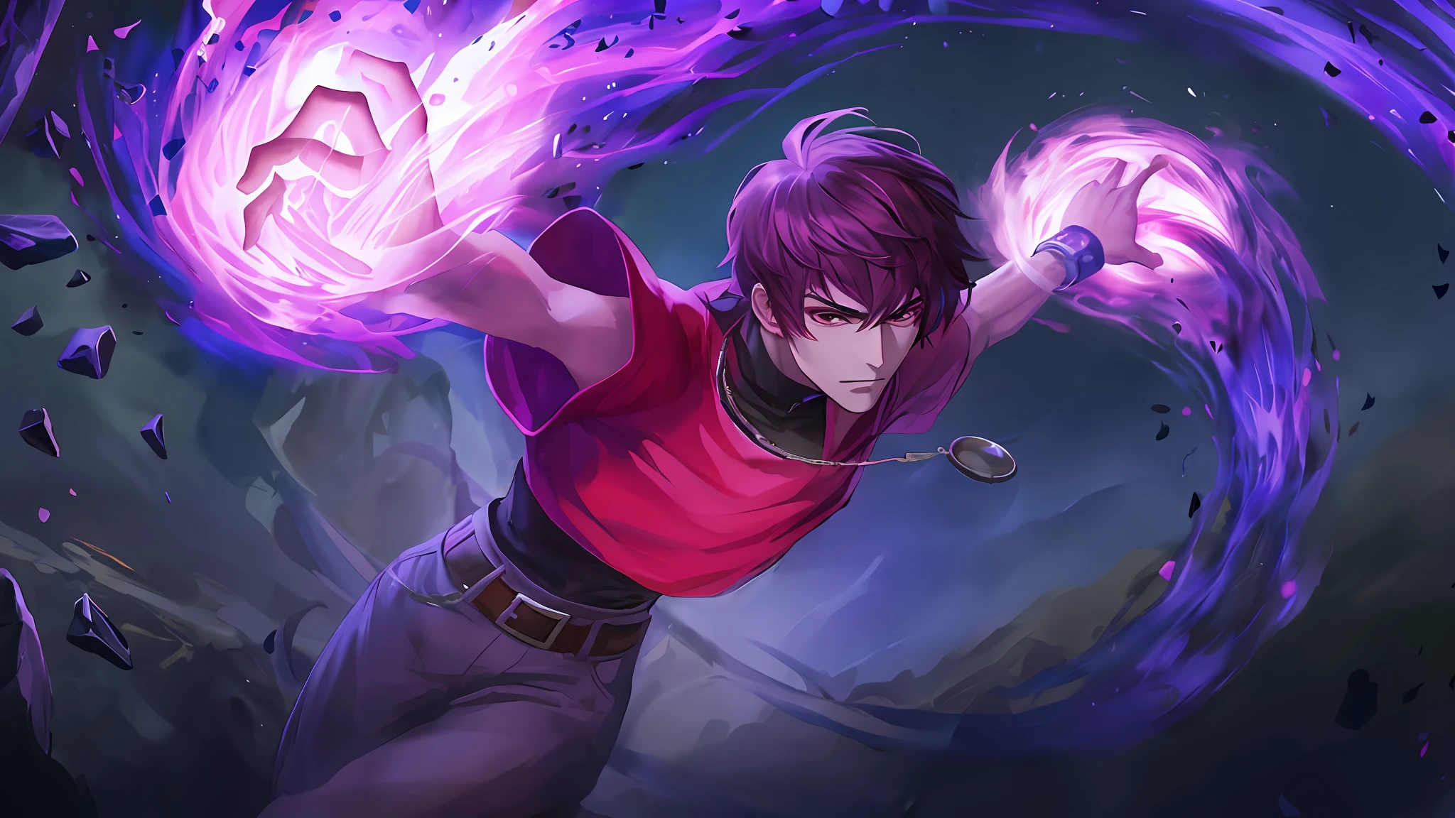 anime, a man with a red shirt and a purple shirt is holding a purple ball, epic anime style, heise jinyao, arcane art style, painted in the style arcane, range murata and artgerm, arcane from netflix, valentina remenar, skinny male fantasy alchemist, wiccan, sakimi, young shadow mage male