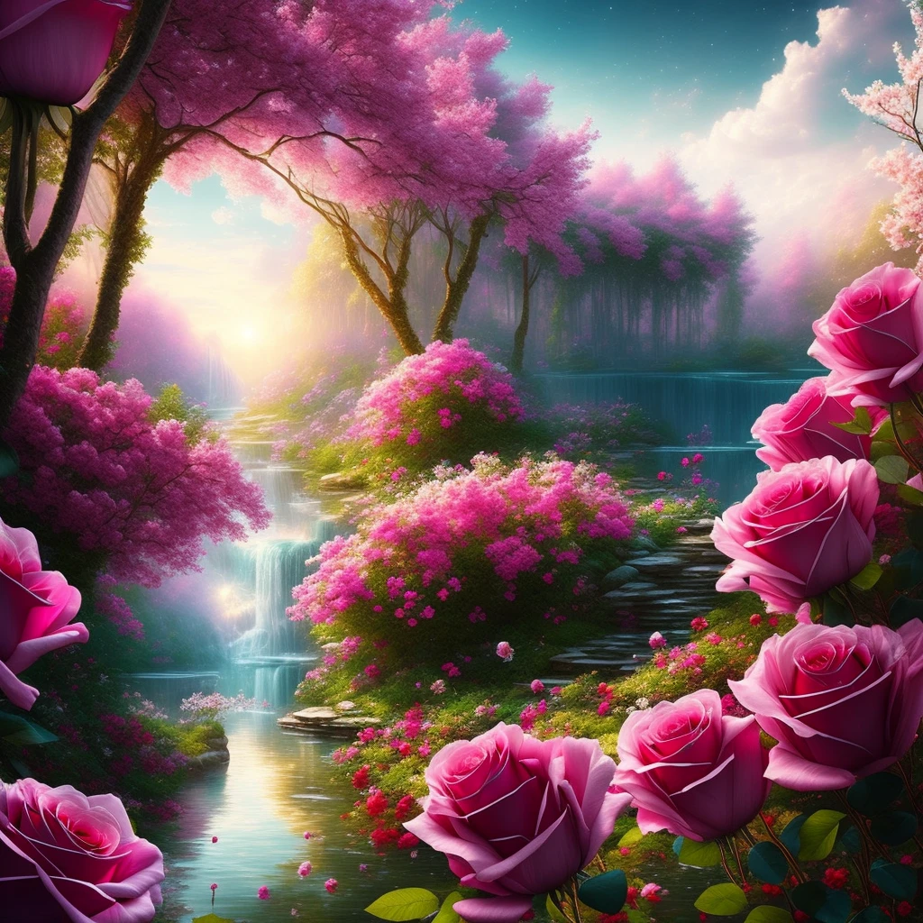 "(((masterpiece))) With the best quality and ultra-detailed CG art, create a fantasy and ethereal atmosphere, amidst a background of roses. Let's explore in high resolution."