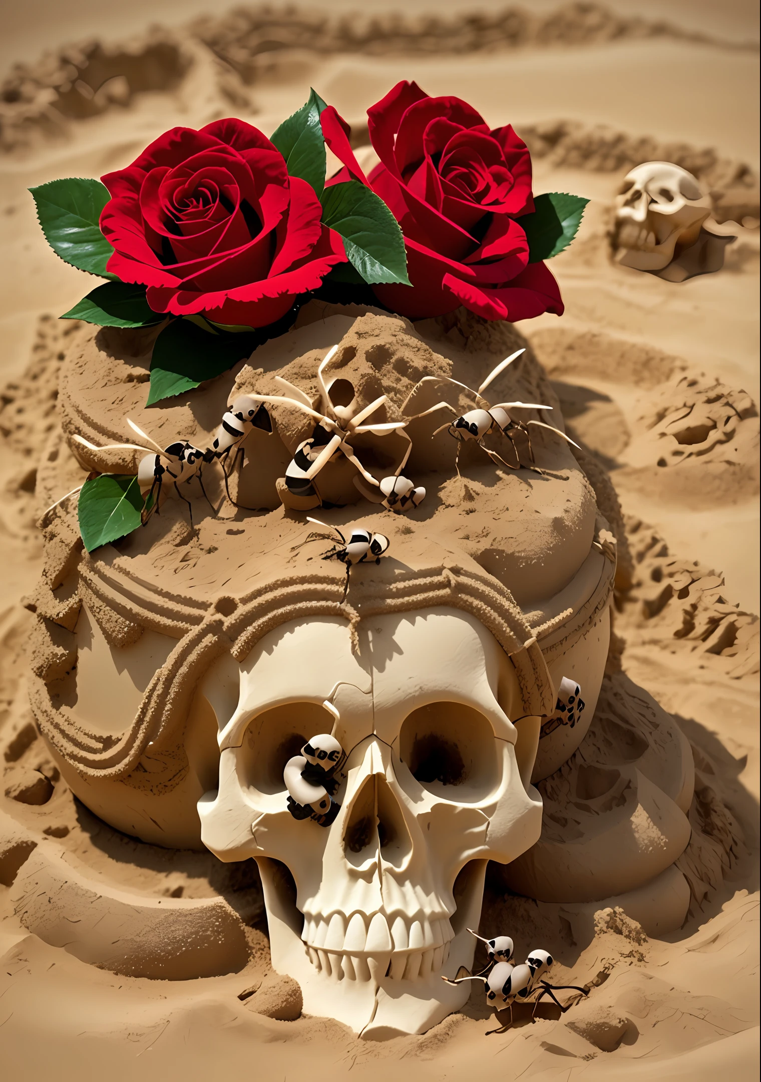 sandcastle, skull, ants, briars, red rose, realistic