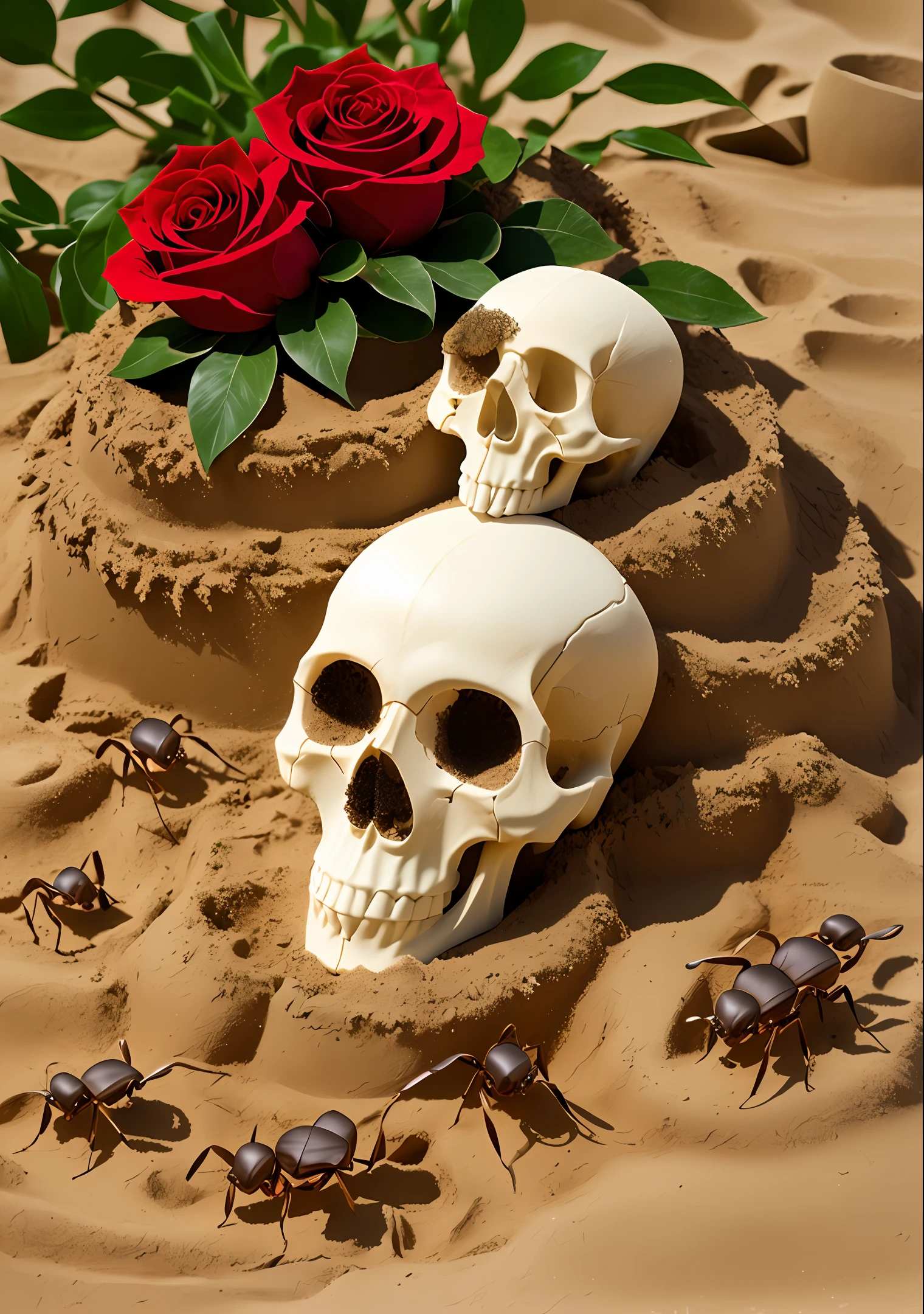 sandcastle, skull, ants, briars, red rose, realistic