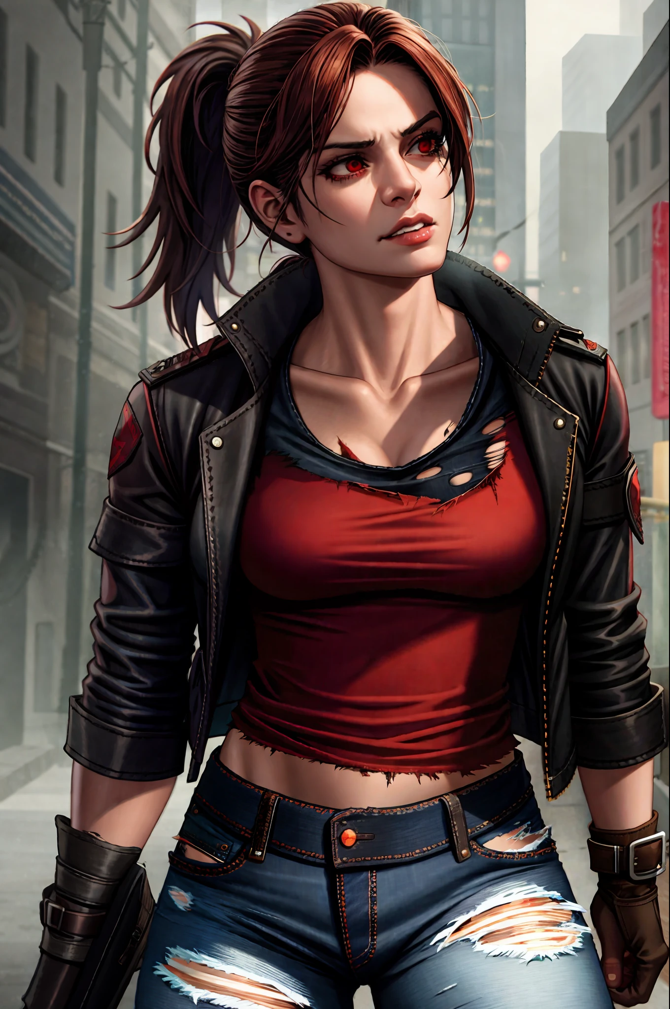 ((dark night scene)), best quality, 1girl, (upper body:1.2), digital illustration, shapely woman (beautiful Claire Redfield:1.3), (ragged and (torn black_jeans:1.2) and ragged and (torn red_leather_coat with torn black_shirt:1.2) and tactical gear:1.3), (dynamic pose), brown ponytail hair, (ivory skin_color:1.2), (deep blue eyes), (athletic:1.3), (wide hips:1.1), (thick thighs:1.1), (night zombie city in detailed background:1.3), dark aesthetic, (medium size boobs:0.8), heavy breathing, (angry smirk), (dense red atmosphere), (Resident Evil 2 Remake), film grain, lens distortion, (chromatic aberration), erotic, (muscular:0.7), (lips:1.1), art by guweiz,

hdr, volumetric lighting, cinematic lighting and shadows, very detailed, cinematic, tall, intricate, unreal engine 5, realistic, realistic lighting, cinematic, 4k, depth of field, masterpiece, perfect, award-winning, hyper-detailed, photorealistic, ultra realistic, realistic light, hard lighting, intricate details, stop motion, hyperfocus, tonemapping, sharp focus, hyper detailed, (fog:0.7), a character portrait by senior character artist, trending on Artstation