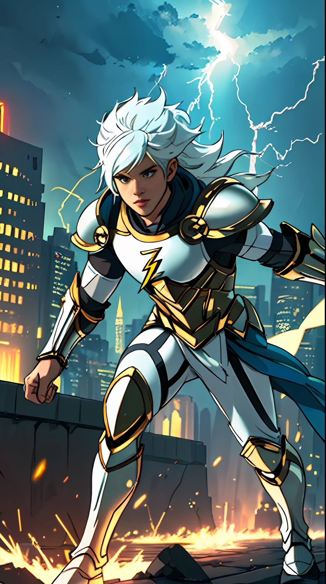 he flash , white and gold armor, invoked mask, running, in the background a city, lightning in the sky, ultra details, ultra realistic, cinematic , octane render, 16k