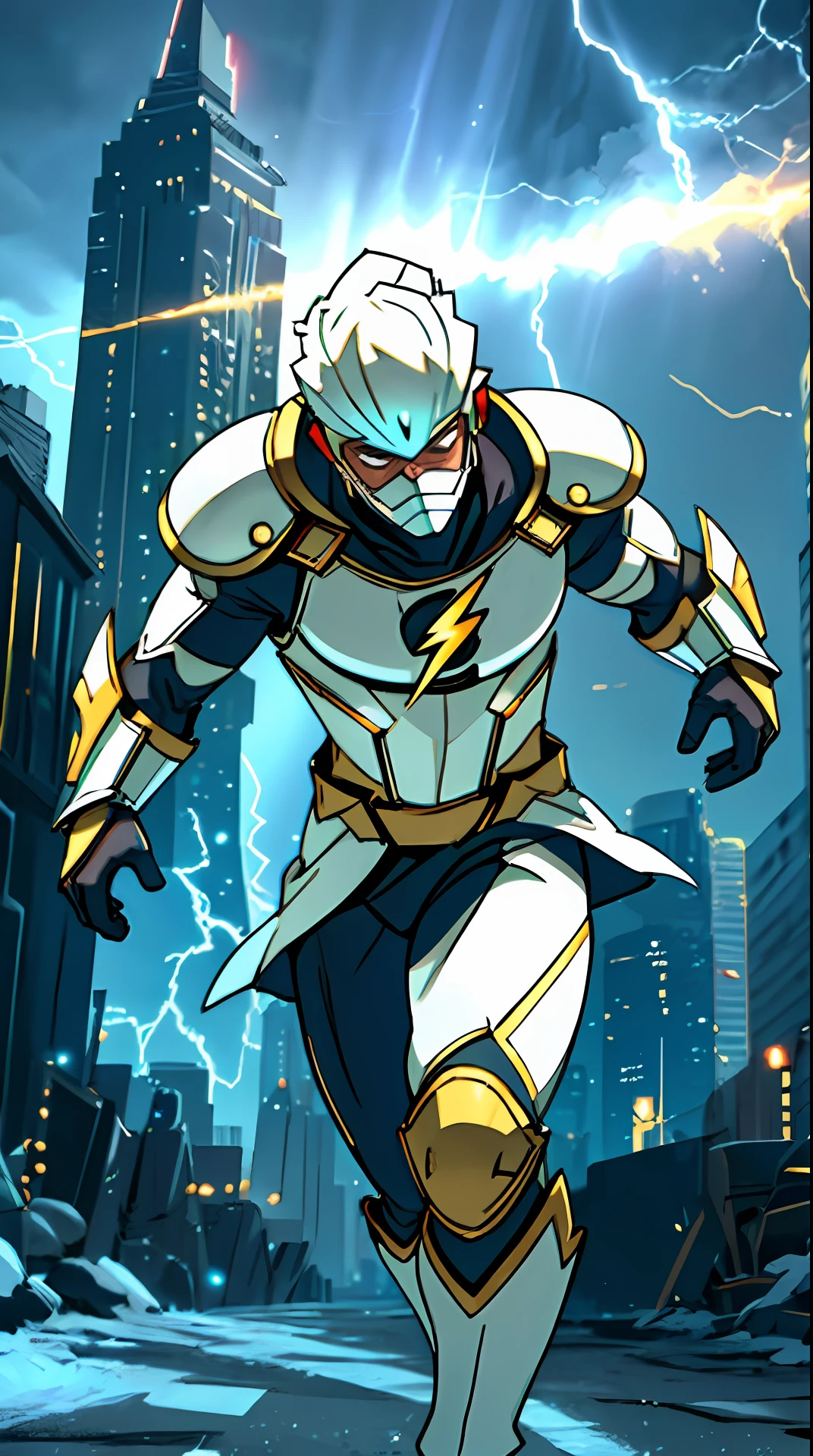 he flash , white and gold armor, invoked mask, running, in the background a city, lightning in the sky, ultra details, ultra realistic, cinematic , octane render, 16k