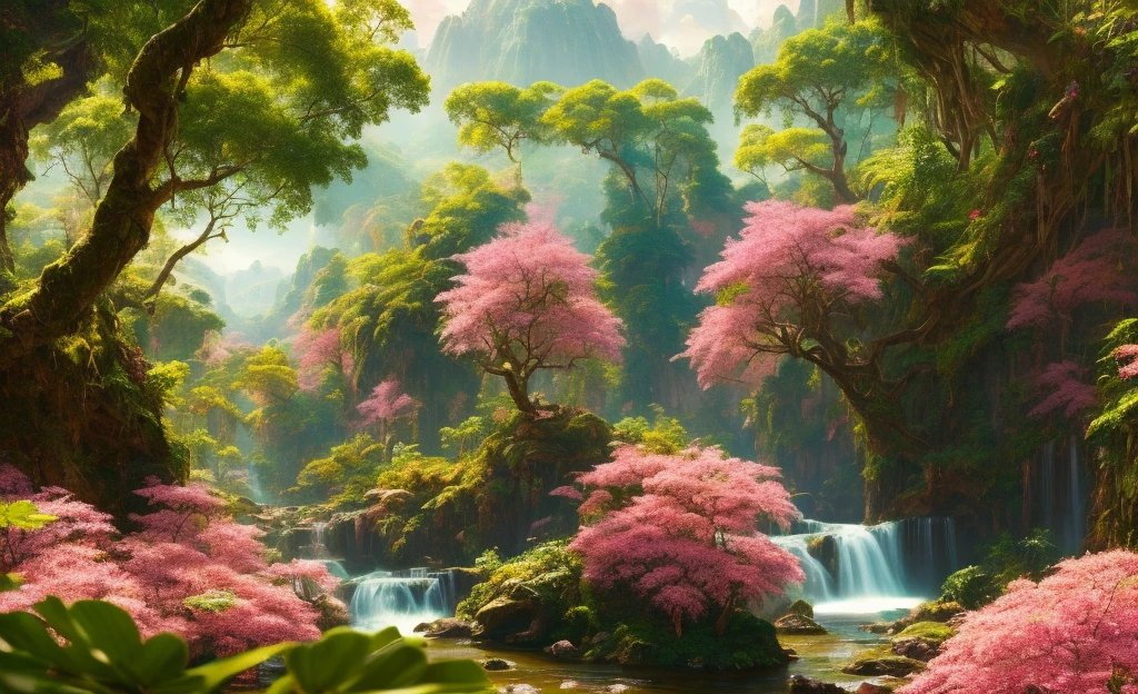Chroma V5, nvinkpunk, (extremely detailed CG unified 8k wallpaper), majestic jungle landscape, surrounded by lush pink foliage, award-winning photography, chromatic aberration, detail, HDR, Bloom, Thomas Cole, Frederic Church and Albert Bierstadt, trends on artstation, trends on CGsociety, Intricate, High Detail,dramatic,art by midjourney