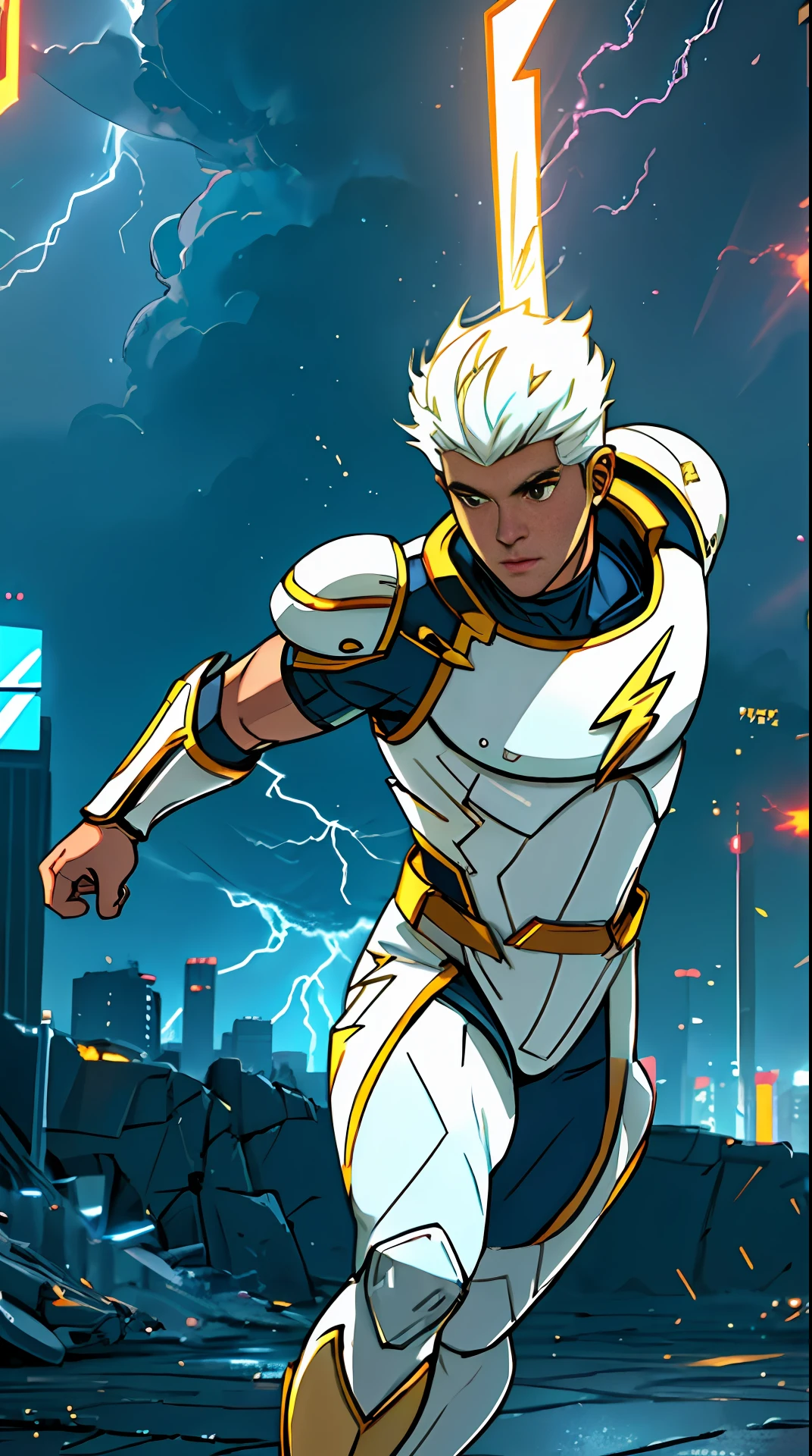 he flash , white and gold armor, invoked mask, running, in the background a city, lightning in the sky, ultra details, ultra realistic, cinematic , octane render, 16k