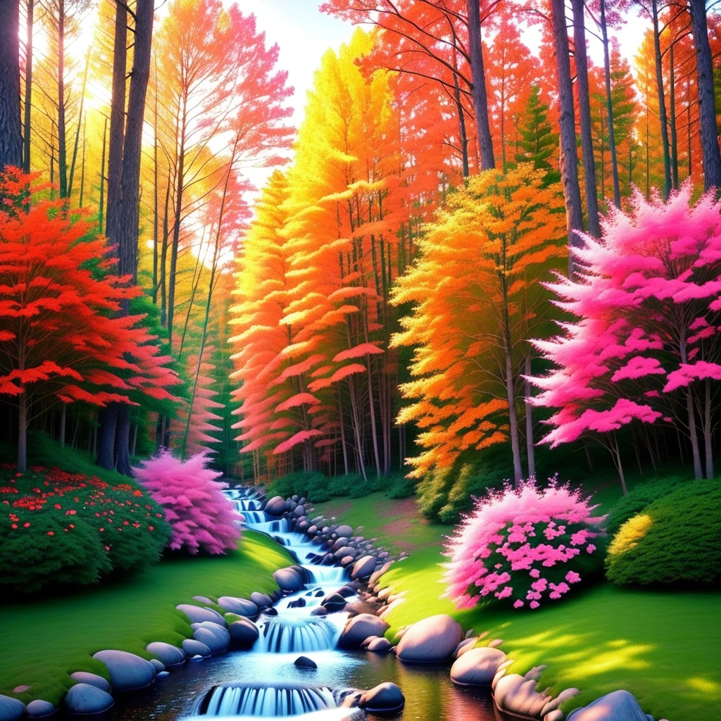 Images colorful forest miscellaneous colors pink color pink with colorful flowers orange green red blue river butterflies real photo 3d cinema 8k sun well lit vibrant colors shrubs rocks