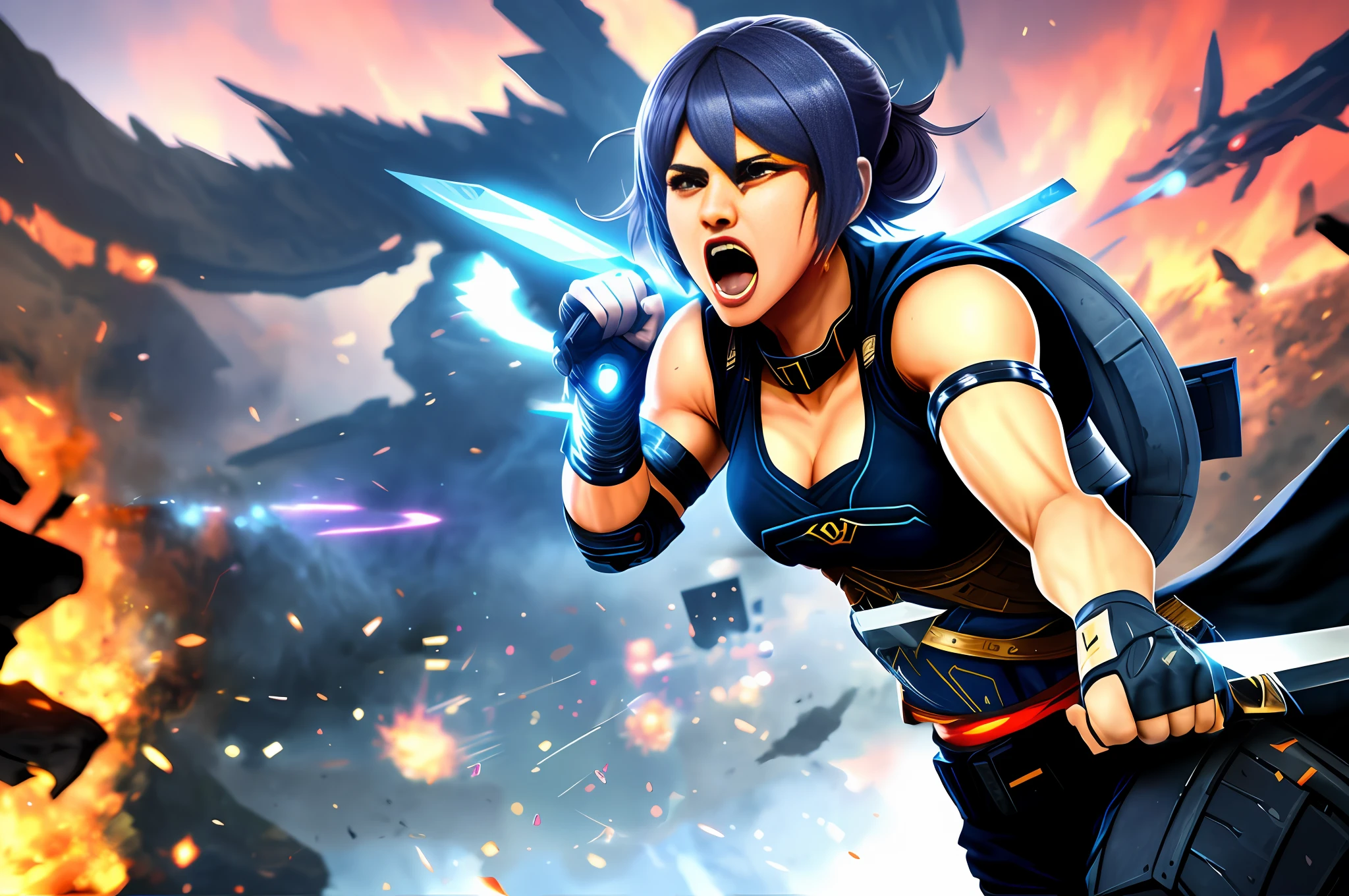 a young woman warrior, screaming, digital art, poster of a game, trending on artstation, 8k, uhd, hi def, hi res