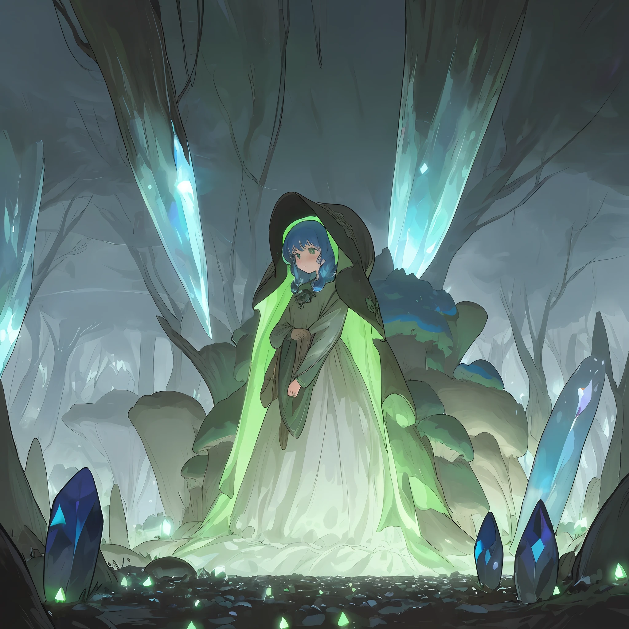 Very detailed illustration, a mysterious woman in the foreground (maron hood, looking at the ground, exploring), inside a dark cave, many mushrooms on the floor(emit radiant green light), crystals on the walls (blue, intense brightness), jet of water (transparent, falls from the top of the image), very dim light from the outside, roots in the cracks (black,  very fine), light fog throughout the room, very dark night light, very dark shadows