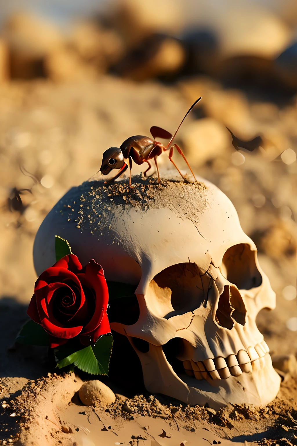 sandcastle, skull, ants, briars, red rose, realistic