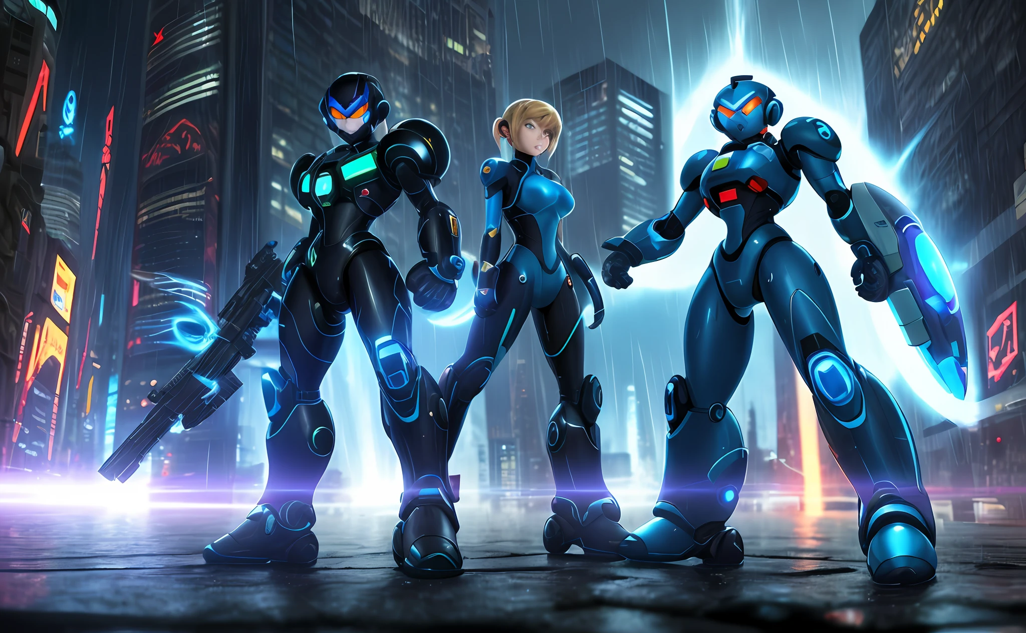 8K image, Unreal Engine 5, Mega Man-X style. Mid-shot, full-body woman cosplaying Samus Aran+Mega Man-X. Black hair, blue eyes, looking at the viewer, weapons, set in a futuristic city with heavy rain, fully wet body, smiling, enemies in the background constantly firing beams.