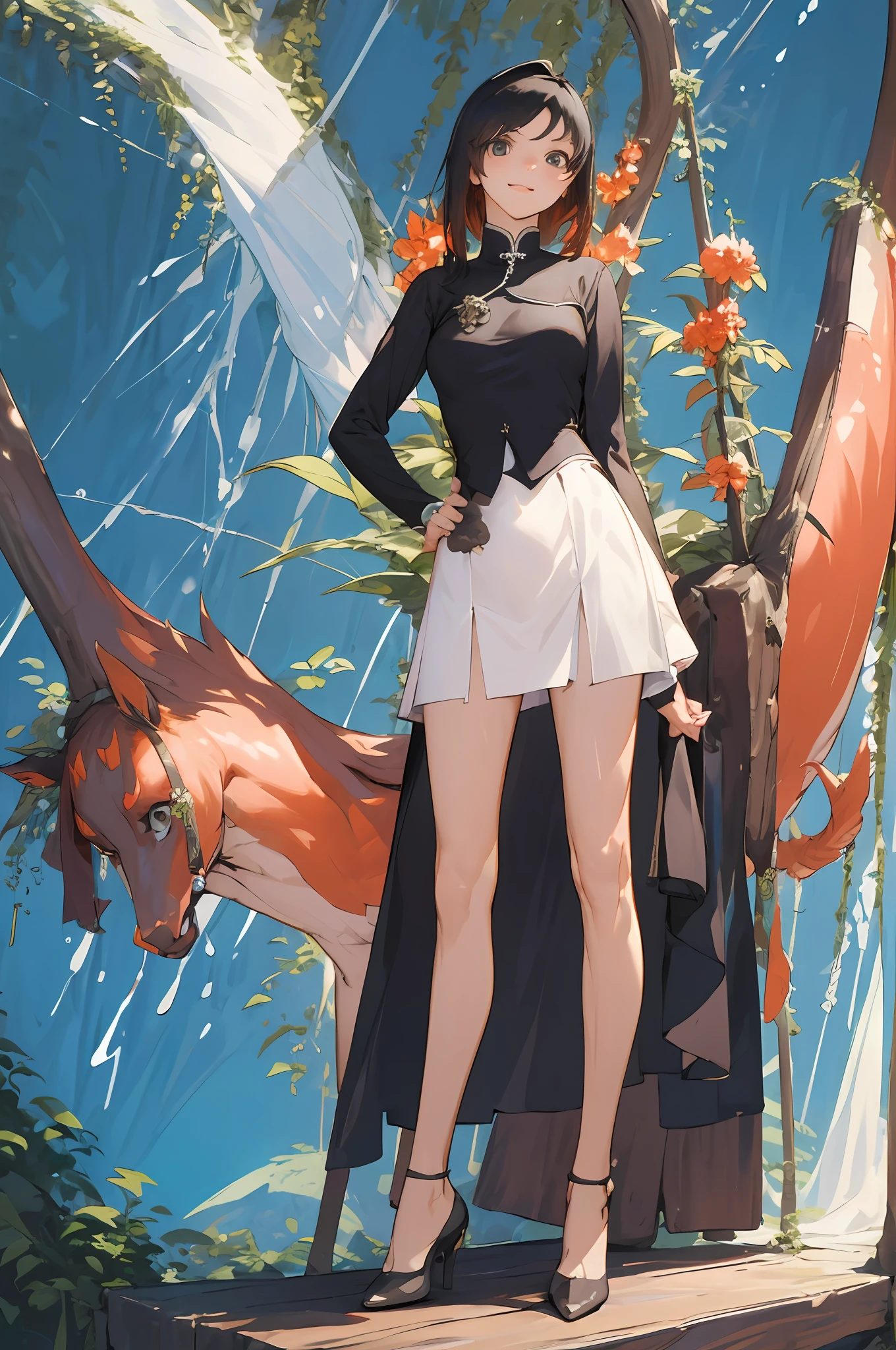 , centaur:1.5, best quality:1.4, masterpiece:1.2, highres, hyperrealistic:1.2, photorealistic:1.4, cinematic:1.3, full body of a gorgeous age 20 centaur black_hair with beautiful face, detailed face, huge , long hair, wearing china red qipao:1.5, smiling, look at viewer, having the hands on centaur's hips with delicate hands, the four legs of the centaur are long and white:1.05, the back half of the centaur's body in the red qipao, Wearing high heels on all four feet, Walk in the Woods, elegant:1.3, contrast:1.2, Beautiful background, forest, rocks, river, wood, shadows, clear sky, constellations, Milky Way, serene, quiet, tranquil, secluded, adventurous, exploration, escape, independence, survival, resourcefulness, challenge, perseverance, stamina, endurance, observation, intuition, adaptability, creativity, imagination, artistry, inspiration, beauty, awe, wonder, gratitude, appreciation, relaxation, enjoyment, rejuvenation, mindfulness, awareness, connection, harmony, balance, texture, detail, depth, perspective, composition, colorful:1.2, sun lighting, realistic shadow, refraction, tone, foreground, middle ground, background, naturalistic, figurative