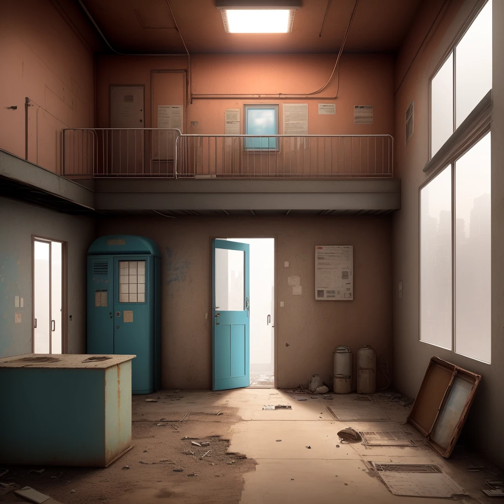 Hyperrealistic and very detailed illustration of an abandoned room with large windows where you can see the exterior, view of the exterior, very loaded image of objects, view from below, dirty cement stairs with cracks, a table in the center of the room full of computer turned on showing hacker stuff, green wastebasket turned off, metal plates, seats, cables, pole, pastel blue phone booth, rusty railings, pipes, pipes on the walls, electric meter, gray and dark walls, empty boxes, old papers on the floor, damaged wall paint, some garbage on the floor, red bricks, rusty metal and scrap, machine parts (rusty, brown), very detailed advertisements on the neon wall, spotlights on the sides (very radiant blue light), artificial and sterile environment, reddish sunset, dusty day, desert scenery, orange sun in the sky, deep red sky