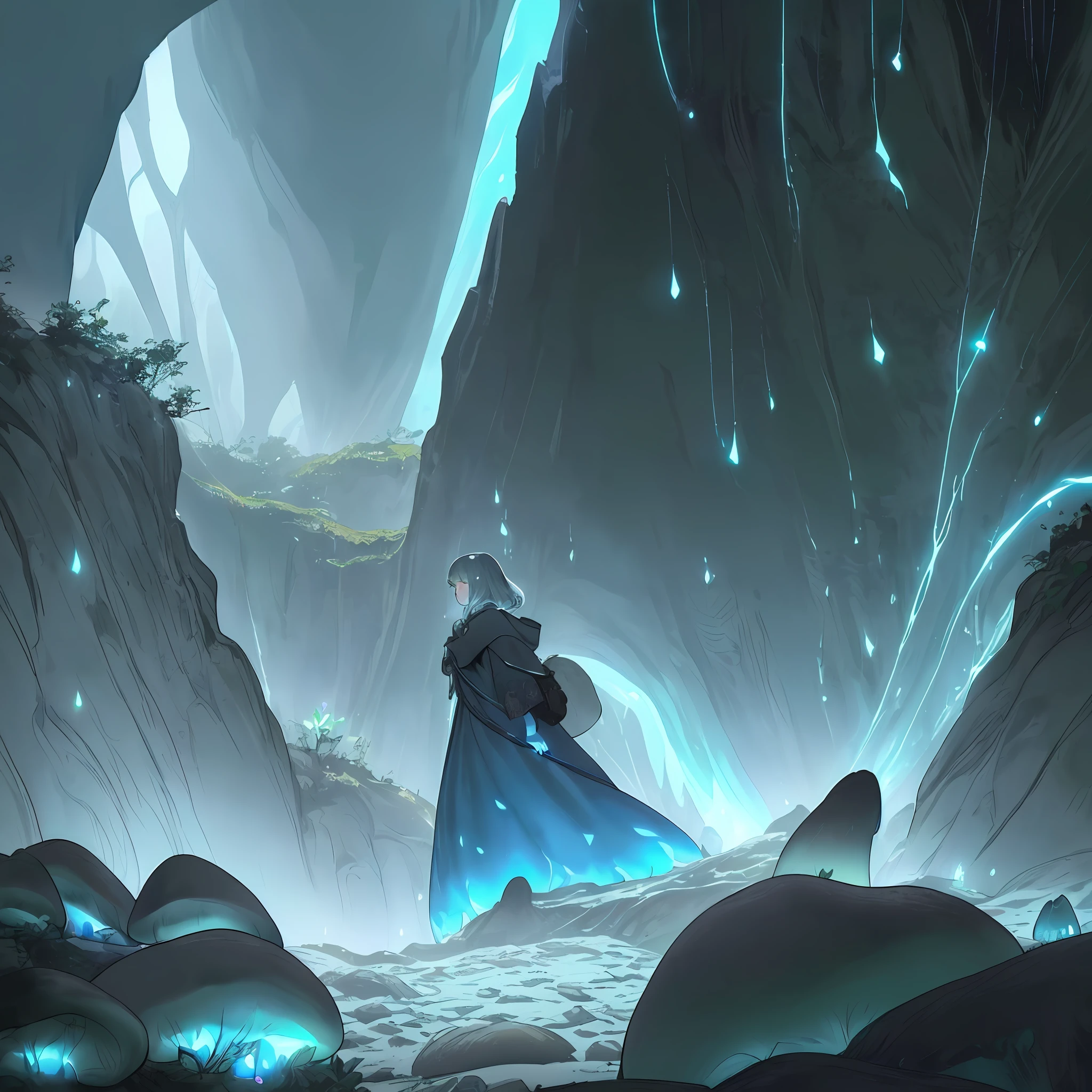 very detailed illustration, a mysterious woman in the foreground (maron hood, looking at the ground, exploring), inside a dark cave (black stone, pointed), many mushrooms on the ground(emit radiant green light), some crystalline stones on the walls (blue, diffuse glow), jet of water (translucent, falls horizontally from above), orange light(very dense, very intense,  enters through the roof of the cave), roots in the cracks of the walls (black, very thin), light fog throughout the room, scenery with very dark night light, very dark and elongated shadows