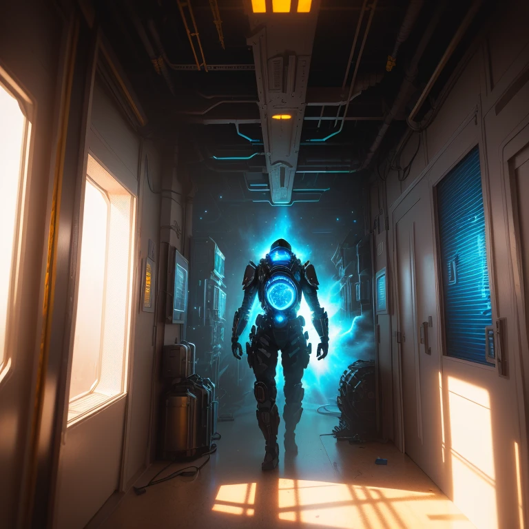Highly detailed RAW color Photo of the inside of an arctic research station in a sci fi universe, the perspective from inside a caged elevator, out to a figure working on strange gear on a passing floor (cosmic:1.4), (necropolis:1.1), (Sci-Fi setting) depth of field, soft lighting, masterpiece, best quality, intricate, (lens flare:0.7), (bloom:0.7), particle effects, raytracing, tone mapped, highly detailed, concept art, smooth, sharp focus, dramatic lighting, highly detailed artwork, cinematic, hyper realistic painting, trending on Artstation, 8K, incredible shadows, realistic, (highly detailed background:1.2), art by midjourney