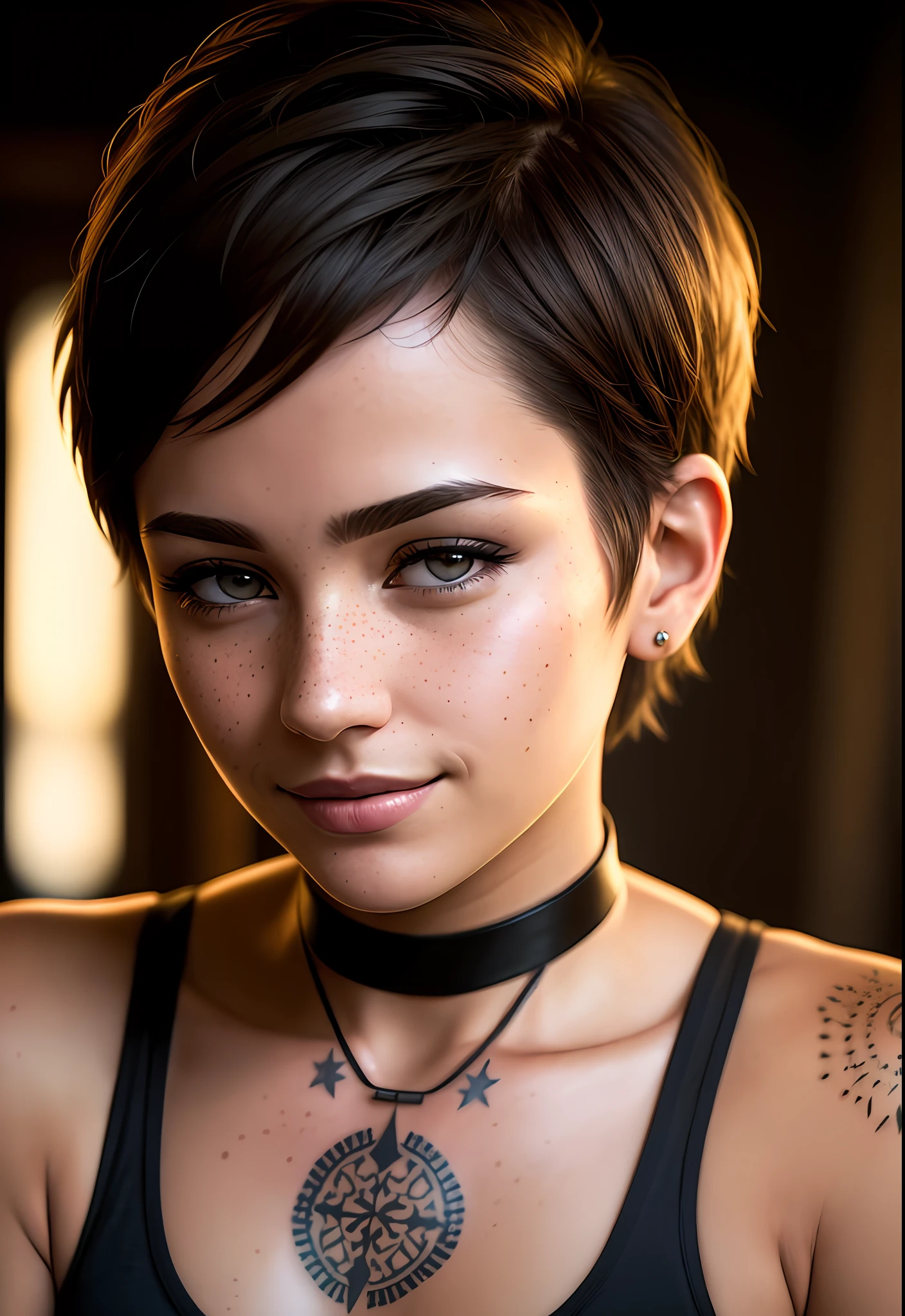 photo, rule of thirds, dramatic lighting, short hair, detailed face, detailed nose, woman wearing tank top, freckles, collar or choker, smirk, tattoo, intricate background