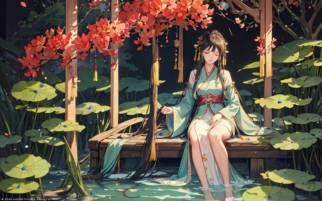 (Pastoral Life) (It's drizzling), dark green Hanfu, a woman, cold, fair skin, sea of flowers, pond, petals floating on water, lilies, collarbones, closed eyes, half immersed in water, dark background, moonlight, hairpins, jade pei, hanfu, delicate face, hair accessories, rosy lips, skirts, belts, jewelry, long hair, earrings, , hair strands, perfect body proportions, wet, slender legs, bridges