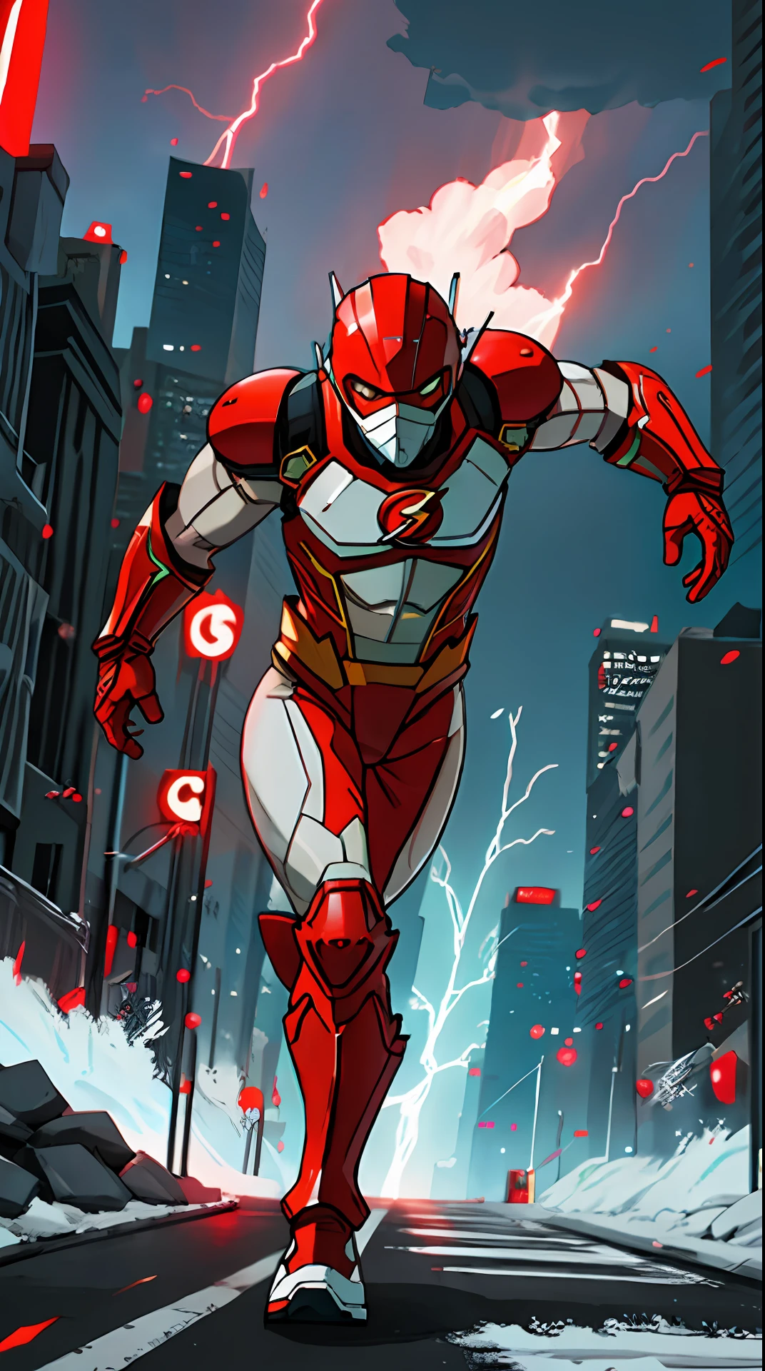 the flash , white and red armor, invoked mask, running, in the background a city, lightning in the sky, ultra details, ultra realistic, cinematic , octane render, 16k