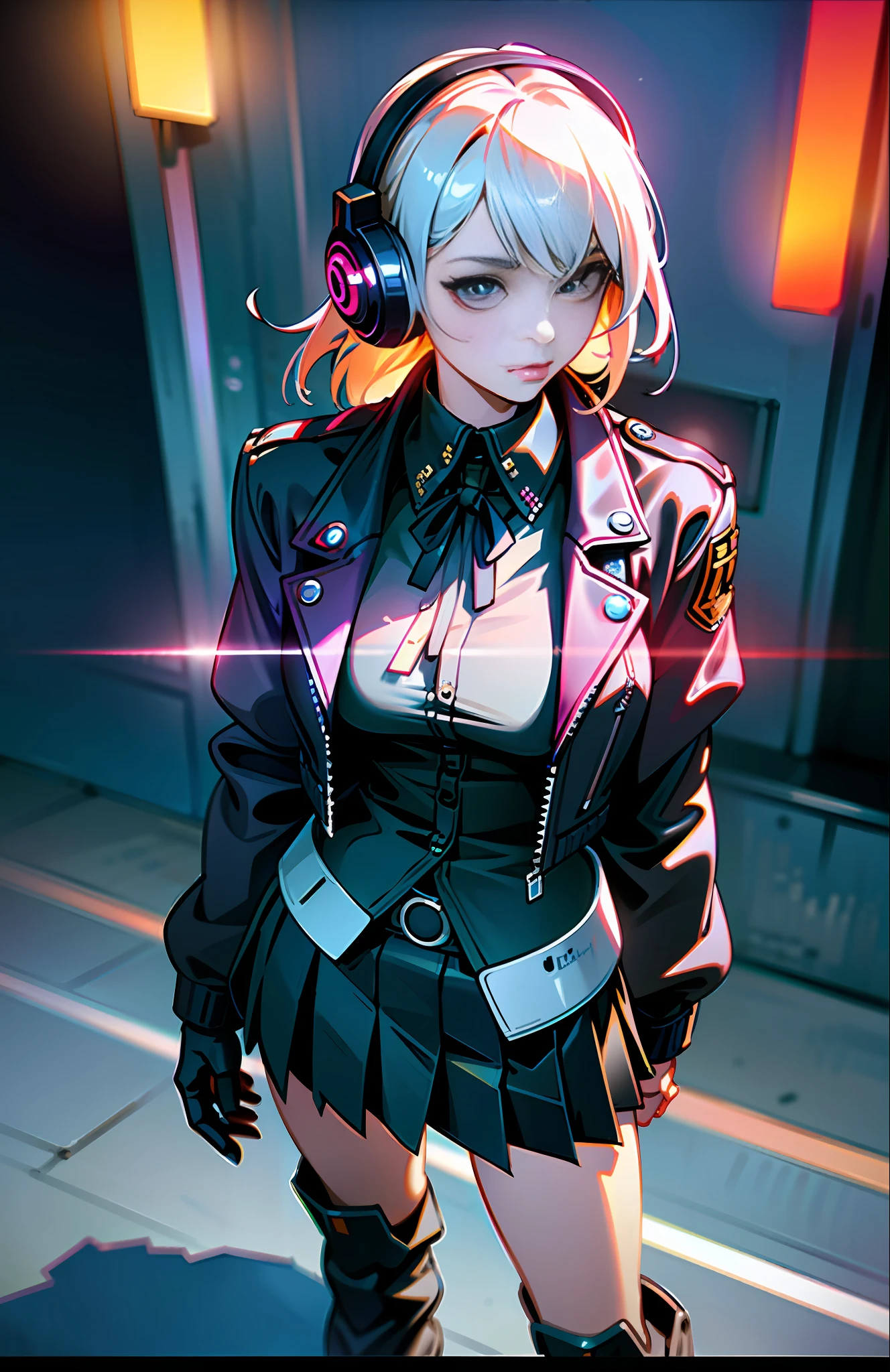 Best Quality, Realistic, Realistic, Award-Winning Illustration, (Complicated Detail: 1.2), (Fine Detail), (Complicated Detail), (Cinematic Lights, Best Quality Backlight), Crisp Lines, Crisp focus, official art, unity 8k wallpaper, absurd, unbelievably absurd, huge file size, ultra- (in_main_street:1.21), (neon lamp), fantasy art, rtx,((triangle closeup photo by award winning studio )), 1girl, very pretty, (shut up), small boobs, ((Cyberpunk city Street, Battle Maiden, Katana, robot arm)), beautiful detailed eyes, Perfect Face, (Cyberpunk blouse, leather jacket, Martin boots) ,(headphones_around_neck),(headphones_around_hair),((pleated skirt) ), ((supermodel pose)),