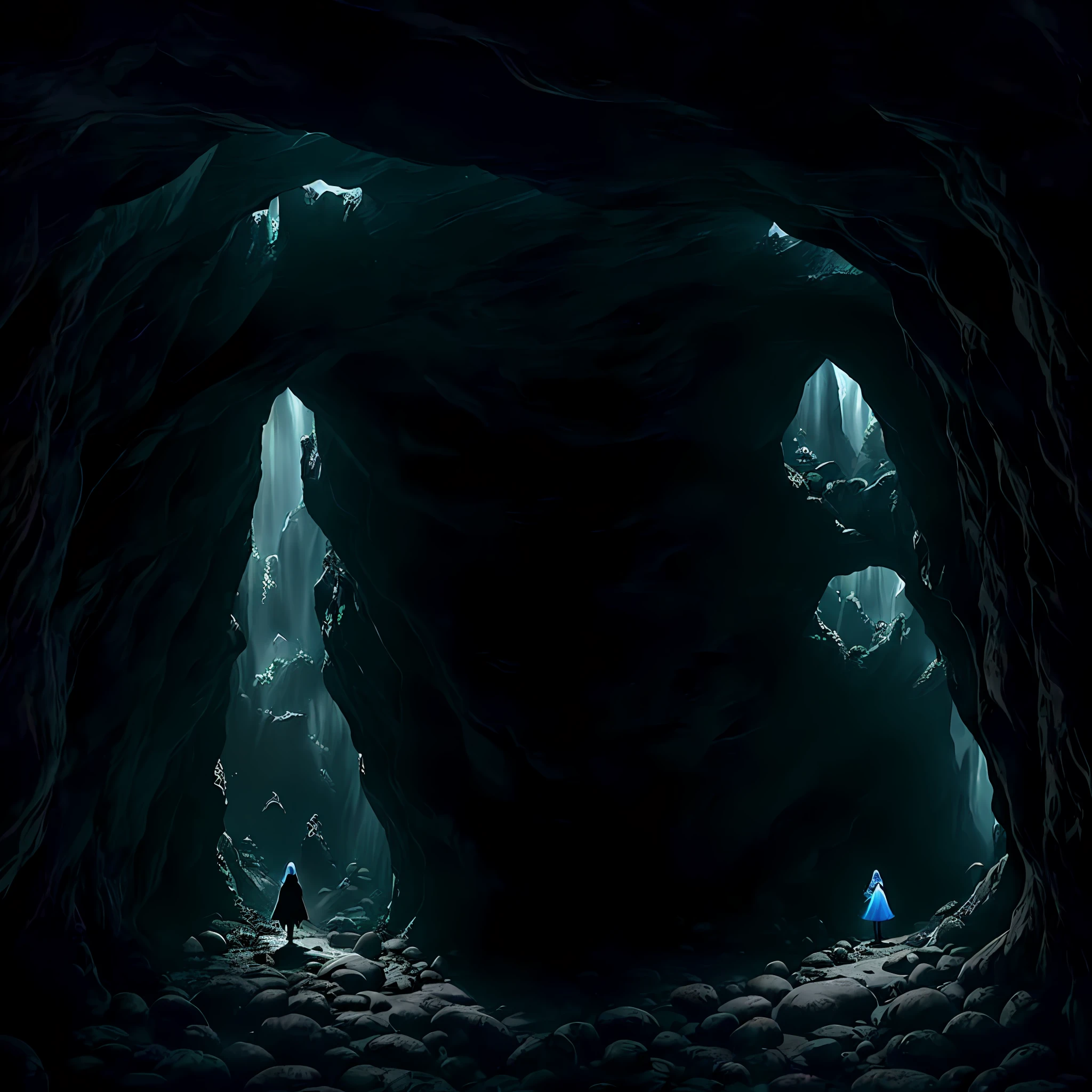 very detailed illustration, a mysterious woman in the foreground (maron hood, looking at the ground, exploring), inside a dark cave (black stone, pointed), many mushrooms on the ground(emit radiant green light), some crystalline stones on the walls (blue, diffuse glow), jet of water (translucent, falls horizontally from above), orange light(very dense, very intense, enters through the roof of the cave), roots in the cracks of the walls (black, very thin), light fog throughout the room, scenery with very dark night light, very dark and elongated shadows