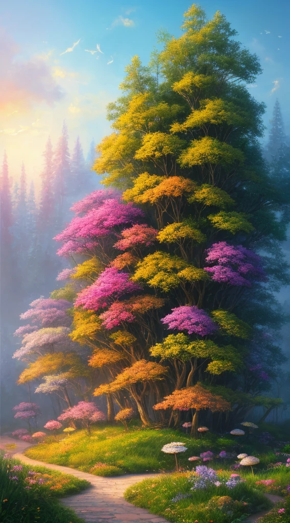 Masterpiece, best quality, high quality, extremely detailed CG unity 8k wallpaper, enchanting dream scene of dream forest, towering trees, glowing mushrooms and hidden fairy canyon, creating a mysterious and enchanting feeling, artstation, digital illustration, complex, trending, pastel colors, oil painting, award winning photography, bokeh, depth of field, HDR, bloom, chromatic aberration, realism, very detailed, artstation trend, CGsociety trend, complex, high detail, Dramatic, midjourney art, brilliant flowers, colorful