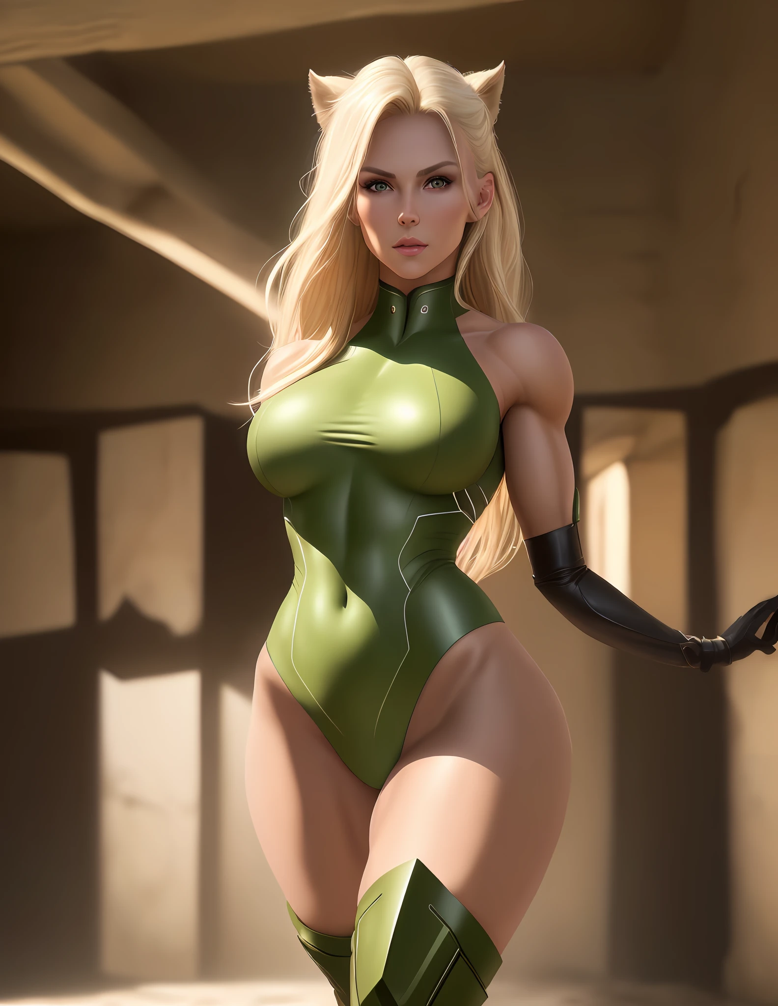 "Masterpiece, high quality, detailed, high resolution, 4k, 8k, realistic skin texture, amazing shadows, perfect lighting, hyper-realistic." A woman (blonde hair, tanned white skin, strong, toned abs, green eyes), cruel mistress outfit, wearing boots, stepping on camera, bot to top pic, in a dungeon