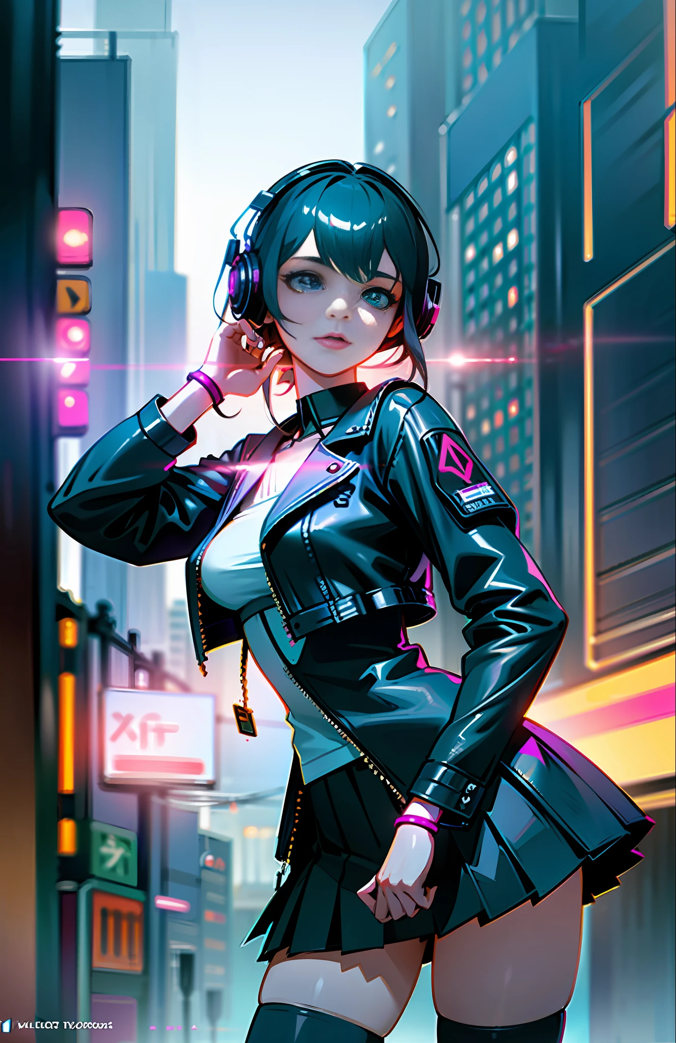 Best Quality, Realistic, Realistic, Award-Winning Illustration, (Complicated Detail: 1.2), (Fine Detail), (Complicated Detail), (Cinematic Lights, Best Quality Backlight), Crisp Lines, Crisp focus, official art, unity 8k wallpaper, absurd, unbelievably absurd, huge file size, ultra- (in_main_street:1.21), (neon lamp), fantasy art, rtx,((triangle closeup photo by award winning studio )), 1girl, very pretty, (shut up), small boobs, ((Cyberpunk city Street, Battle Maiden, Katana, robot arm)), beautiful detailed eyes, Perfect Face, (Cyberpunk blouse, leather jacket, Martin boots) ,(headphones_around_neck),(headphones_around_hair),((pleated skirt) ), ((supermodel pose)),