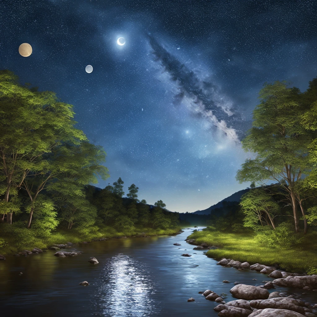 (maximum quality) (maximum realism) (detailed description) A scene of a river with stars and moon in the sky, better quality, a bright moon, starry environment in the moonlight, Enhanced Detail.