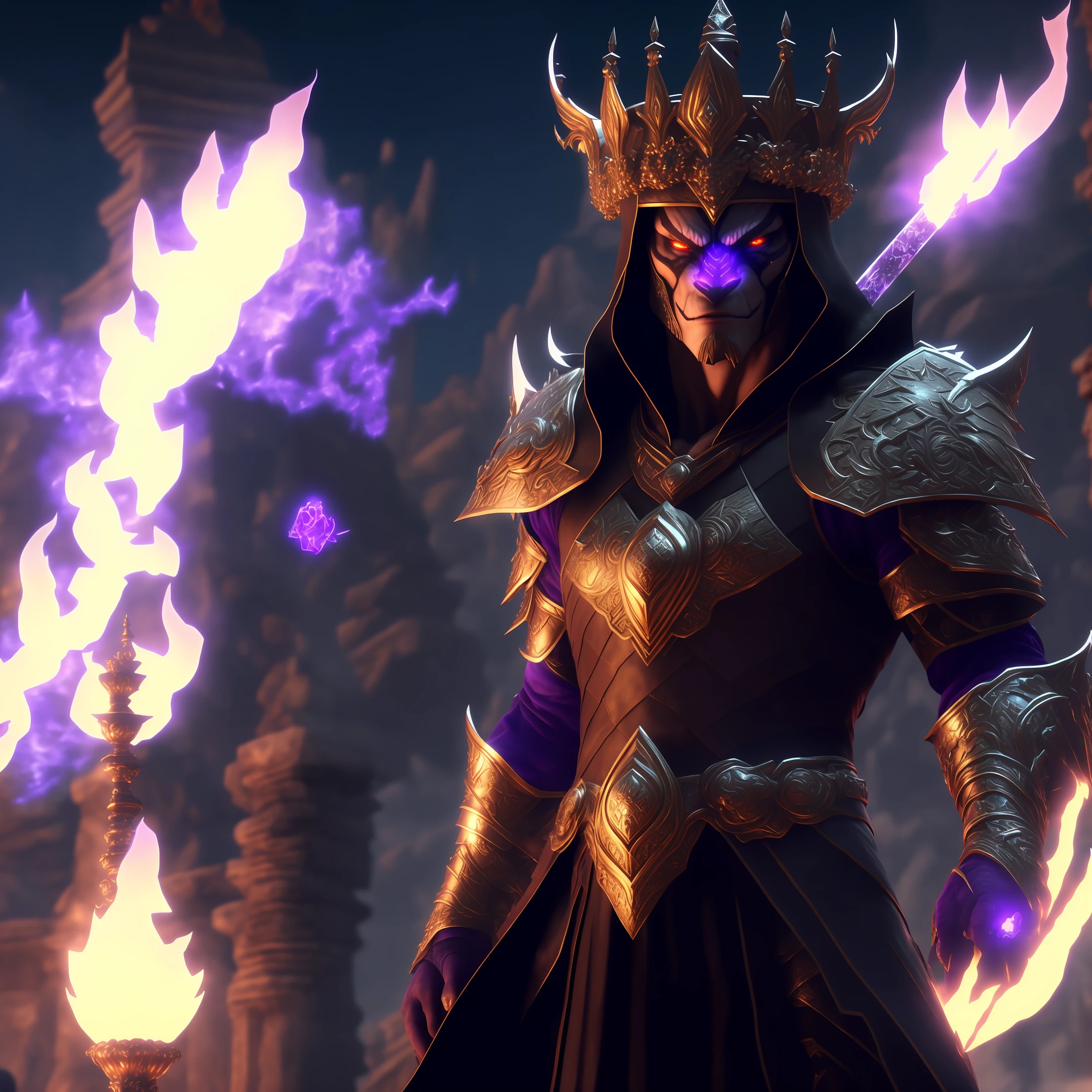 In the movie scene, werewolf, handsome man is wearing armor, (Slav hat crown 1.2), wearing gloves, (violet light bursting out of the eyes 1.5), (right hand casts fire spells and emits violet light), (right hand cast icicles 1.5), temple background, bright lights, lens flares, beams of light and intricate details, incredibly detailed and volumetric lighting, 4k rendering, stock images, ultra realistic textures, dramatic Lighting, use of Unreal Engine and a sense of epic grandeur.