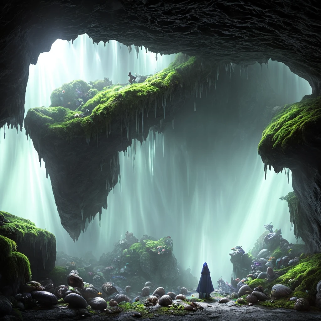 very detailed illustration, very saturated colors (hyperrealistic), a mysterious woman in the foreground (maron hood, looking at the ground, exploring), background of the image: interior of a dark cave(black, pointed stone), many mushrooms on the ground(emit radiant green light), some crystalline stones on the walls (blue, diffuse brightness), jet of water (translucent, falls horizontal from above), orange light (very dense, very intense, above the image, enters horizontally through the ceiling of the cave), roots in the cracks of the walls (black, very thin), light fog throughout the room, scenery with very dark night light, very dark and elongated shadows