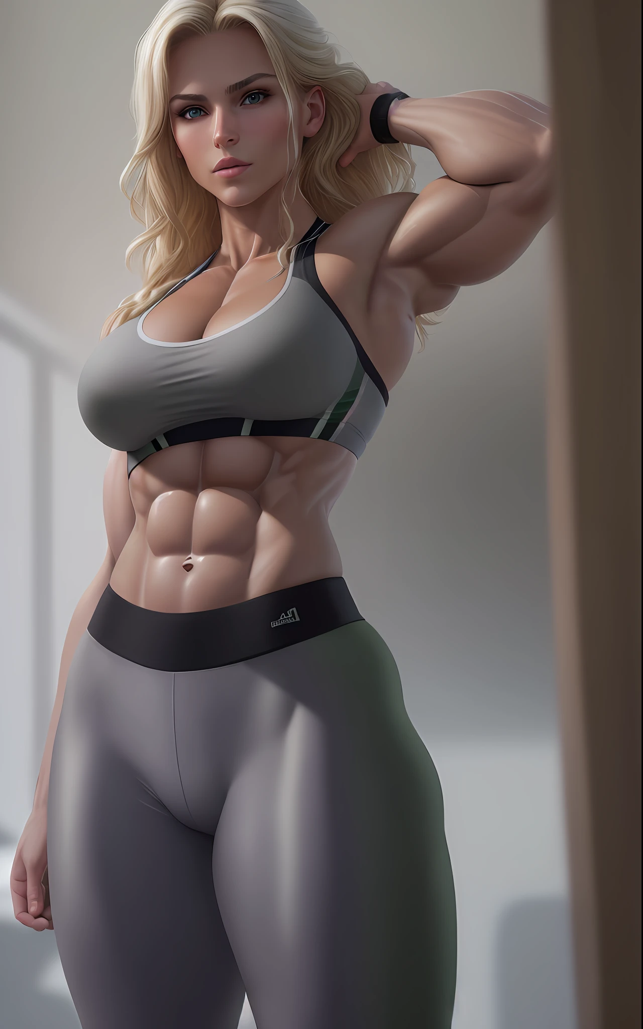 "Masterpiece, high quality, detailed, high resolution, 4k, 8k, realistic skin texture, amazing shadows, perfect lighting, hyper-realistic." A woman (blonde hair, tanned white skin, strong, toned abs, green eyes), gray gym clothes