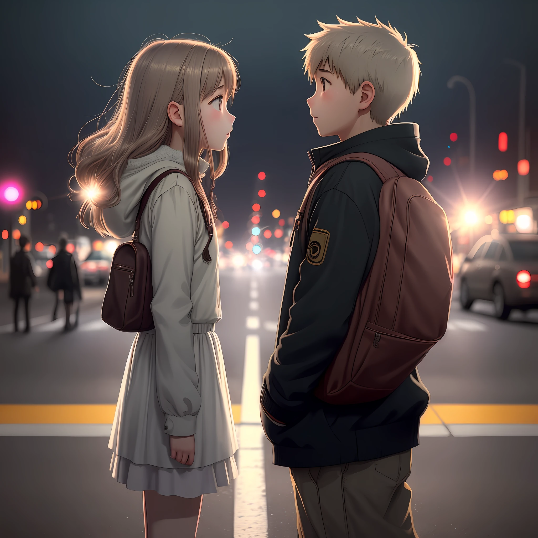 A girl and a boy Face to face at the crosswalk, anime style, cinematic soft lighting glow effect