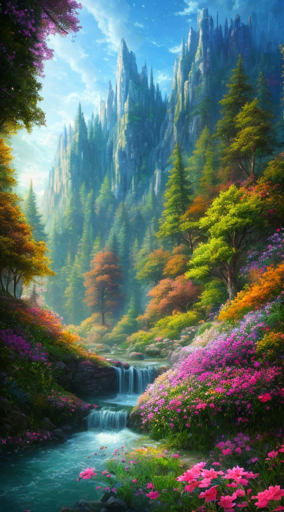 Masterpiece, best quality, high quality, extremely detailed CG unity 8k wallpaper, enchanting dream scene of dream forest, towering trees, hidden fairy canyon, creating a mysterious and enchanting feeling, artstation, digital illustration, complex, trending, pastel colors, oil painting, award winning photography, bokeh, depth of field, HDR, bloom, chromatic aberration, realism, very detailed, artstation trend, CGsociety trend, complex, high detail, dramatic, Midjourney art, brilliant flowers, colorful