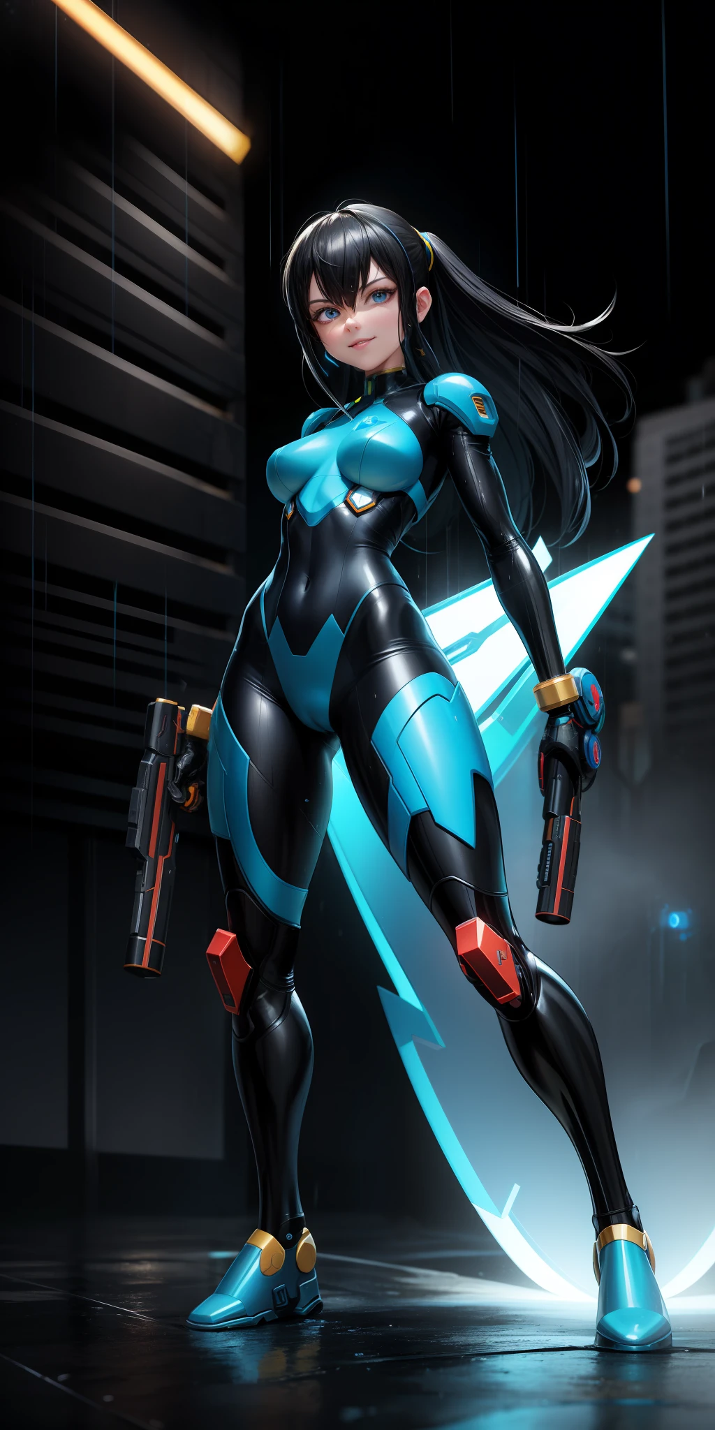 8K image, Unreal Engine 5, Mega Man-X style. Mid-shot, full-body woman cosplaying Samus Aran+Mega Man-X. Black hair, blue eyes, looking at the viewer, weapons, set in a futuristic city with heavy rain, fully wet body, smiling, enemies in the background constantly firing beams.
