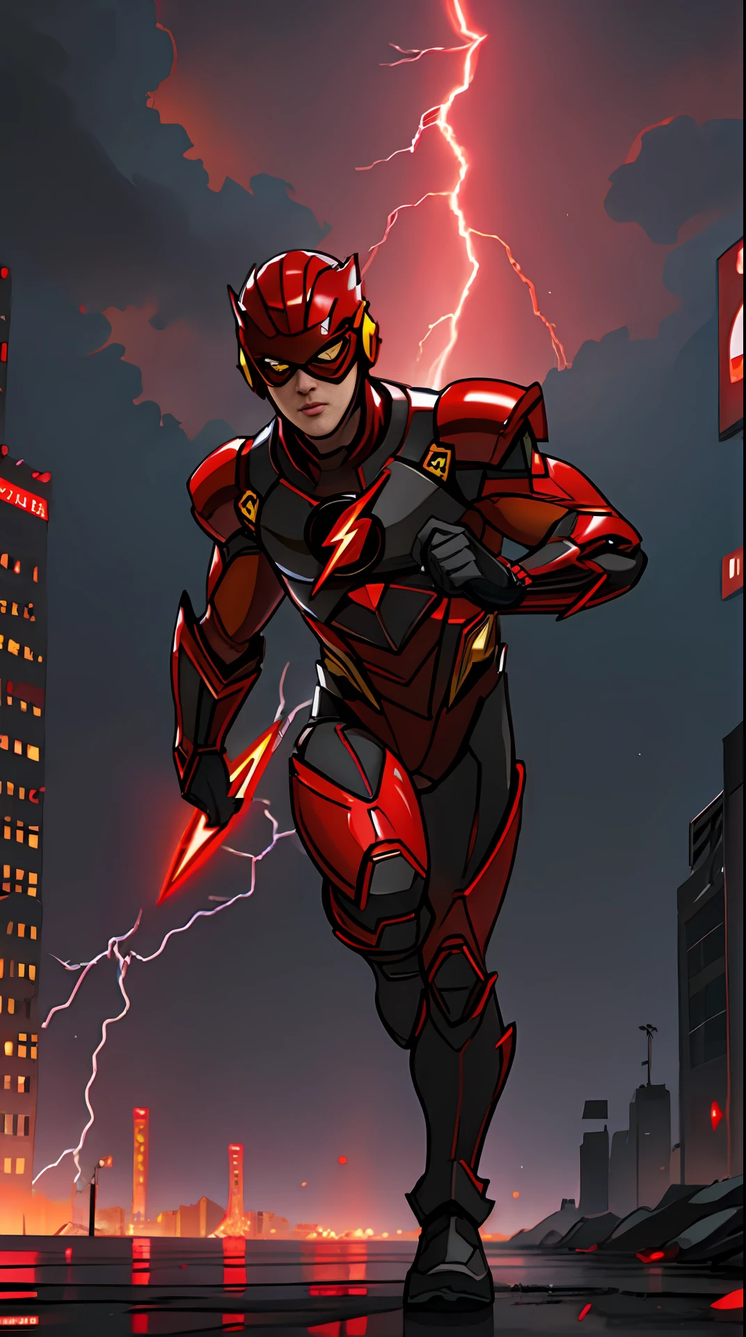 the flash , black and red armor, invoked mask, running, in the background a city, lightning in the sky, ultra details, ultra realistic, cinematic , octane render, 16k
