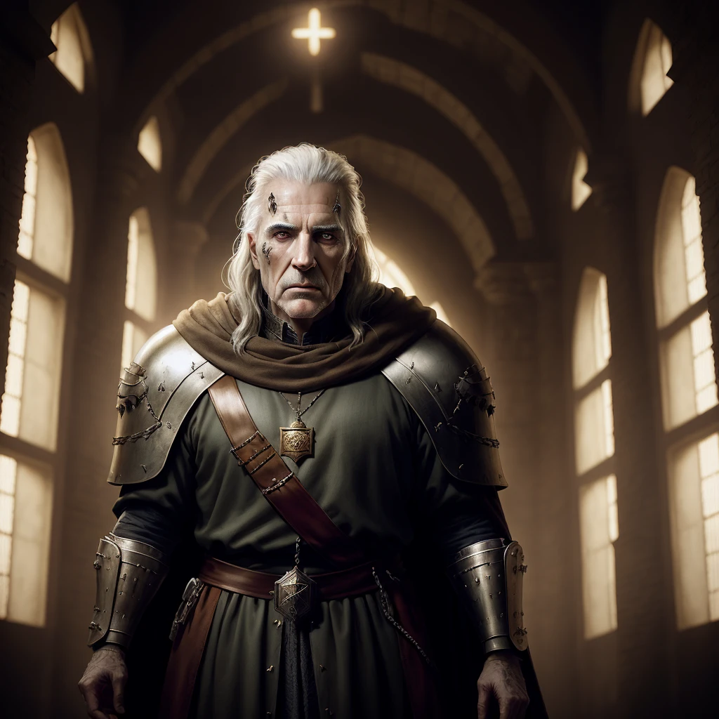 medieval old king in a prison,last day,after battle,a space prison,cinematic,dramatic light,detailed,realistic render,Brian Oldham