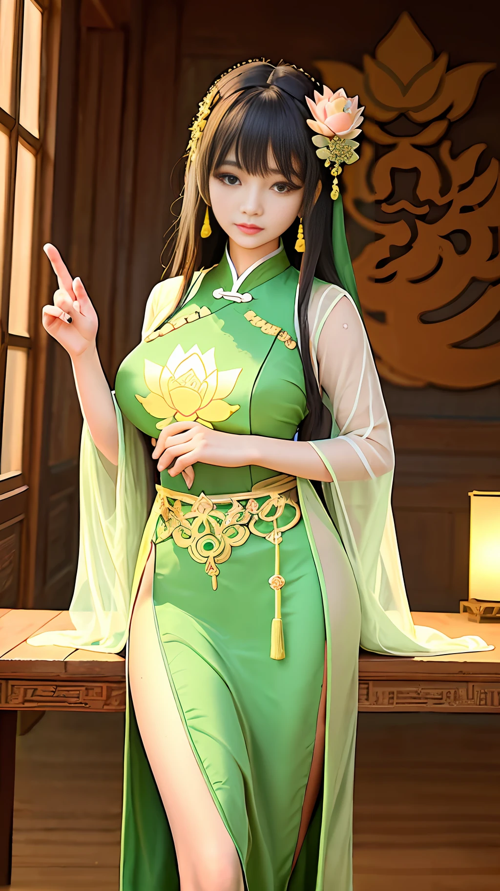 Against the light, a beam of light shines into the lotus pond, the long bridge wooden corridor, beautiful lotus flowers. A melon face, fair skin, plump breasts of beauty, wearing a green gold silk embroidery, thousands of miles, colorful ancient royal Hanfu, green lotus totem of the prosperous Tang Dynasty Hanfu, gorgeous and rich, very delicate and stunning beautiful, full of ancient charm. Embroidered body waist, three-dimensional protruding flower embroidery, retro elegance, rich layers, slender and elegant, three-dimensional lotus totem shining like a diamond shines on Hanfu, high definition, details, three-dimensional, flowing, Chinese royal palace, background blur