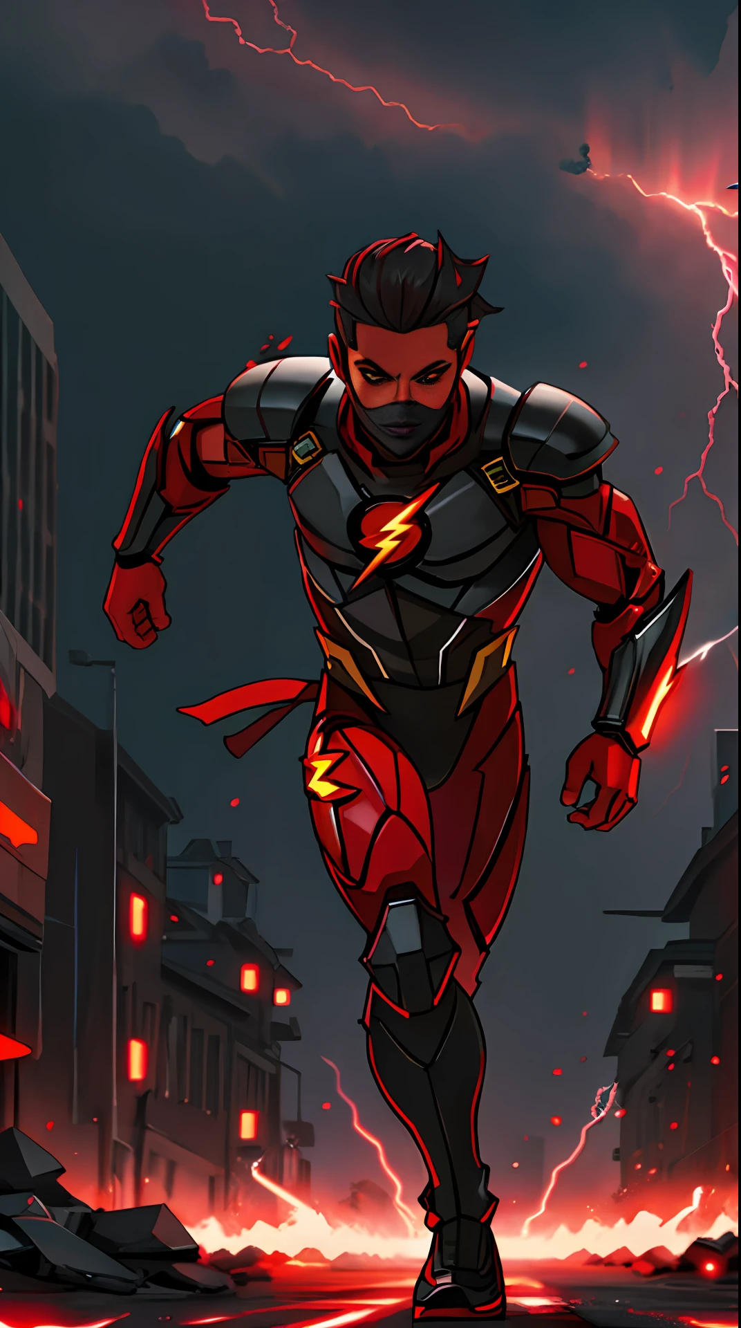 the flash , black and red armor, invoked mask, running, in the background a city, lightning in the sky, ultra details, ultra realistic, cinematic , octane render, 16k
