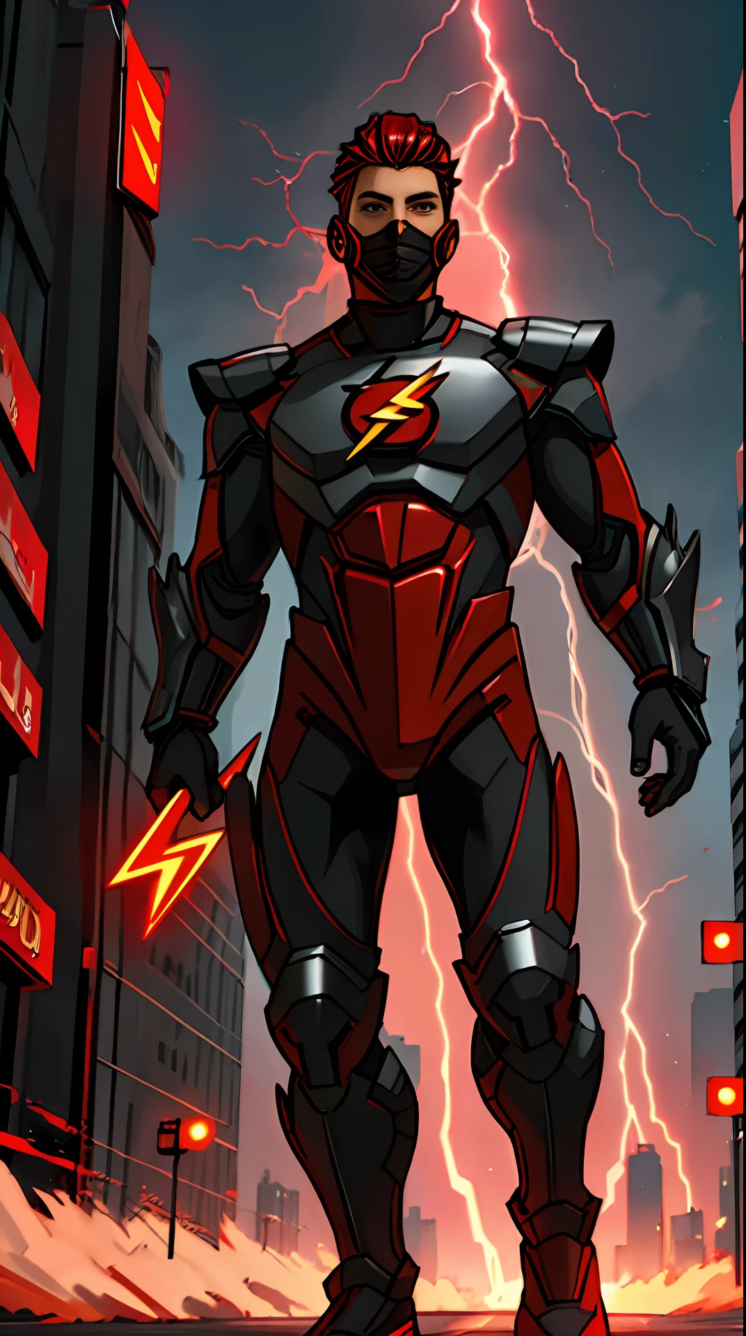 the flash , black and red armor, invoked mask, running, in the background a city, lightning in the sky, ultra details, ultra realistic, cinematic , octane render, 16k