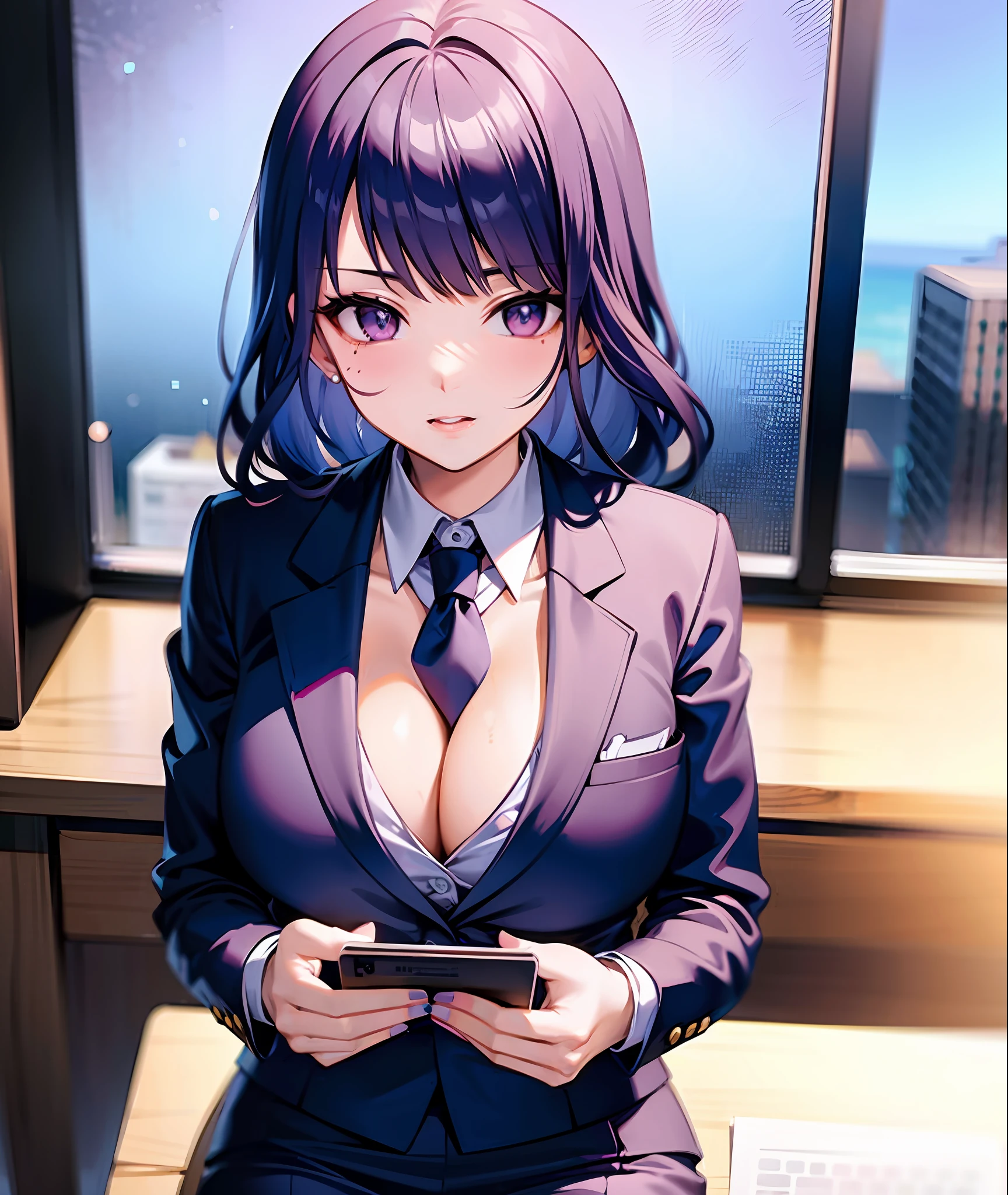Businesswoman suit, necktie, cleavage, office background
