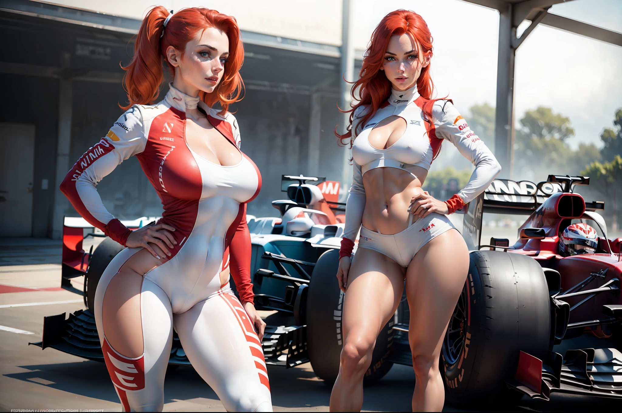 A single woman in sports clothes , ((standing behind a formula one car)), standing with legs apart, high heels, (huge motor:1.1), (red car:1.3), (big wheels:1.1), (big car:1.4), from behind,(realistic:1.5),photorealistic, octane render,hyperrealistic, wide hips,huge thighs,white clothes,(photorealistic face:1.2),collar,(small breasts:1.1),thick eyelashes,long eyelashes,(twin tails:1.1),(redhead:1.1),(white clothes:1.3),best quality, nsfw,cameltoe,streaked hair, half smile, (looking at viewer),sharp focus, (4k),(Masterpiece), (Best Quality), fantasy, extremely detailed, intricate, hyper detailed, (perfect face), illustration,soft lighting,(specular lighting:1.4),blue eyes,absurdly